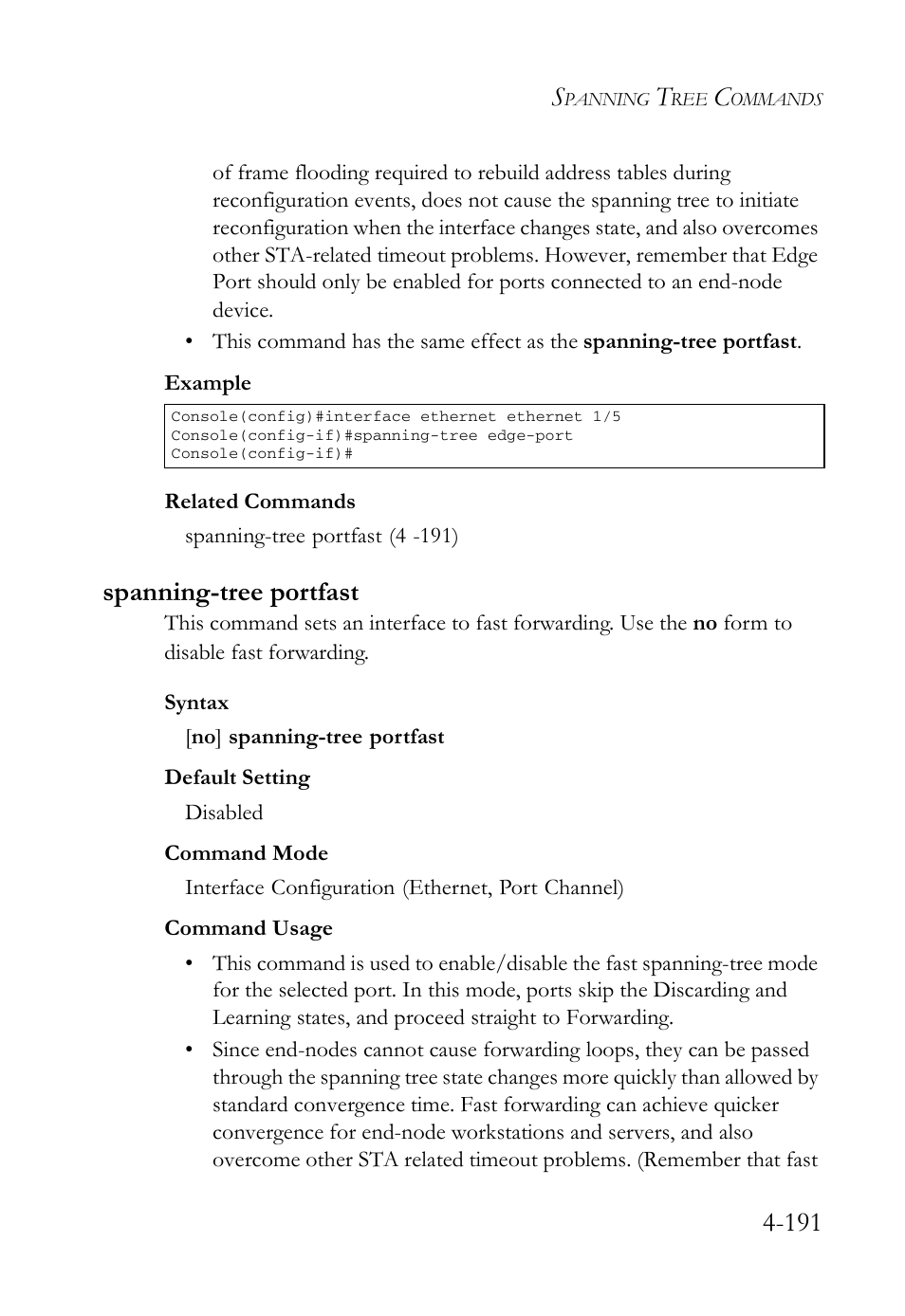 Spanning-tree portfast, Spanning-tree portfast -191 | SMC Networks SMC Tiger 10/100 SMC6128L2 User Manual | Page 491 / 606