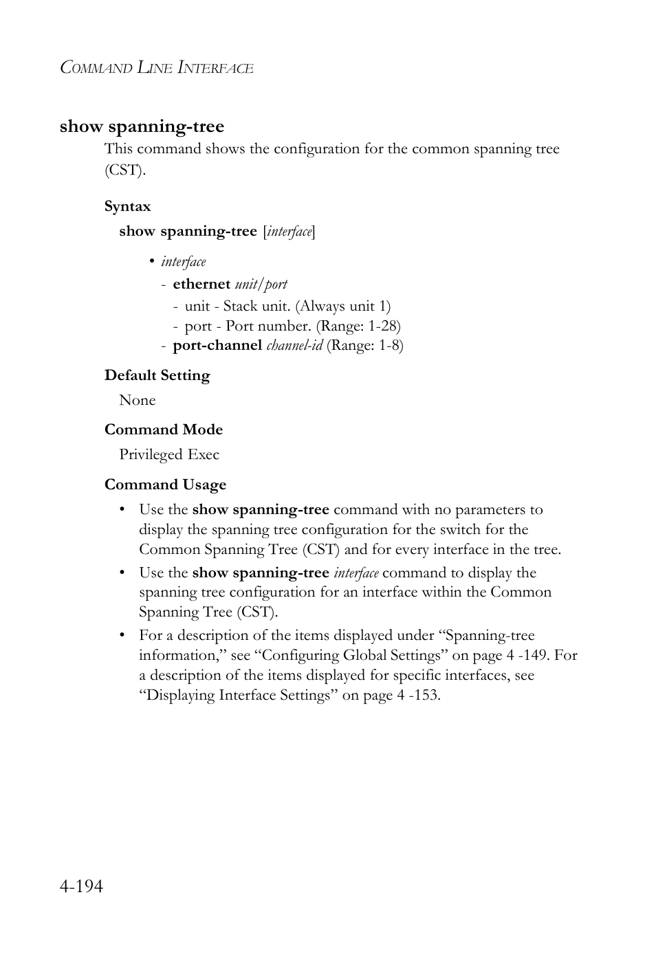 Show spanning-tree, Show spanning-tree -194, 194 show spanning-tree | SMC Networks SMC Tiger 10/100 SMC6128L2 User Manual | Page 494 / 606