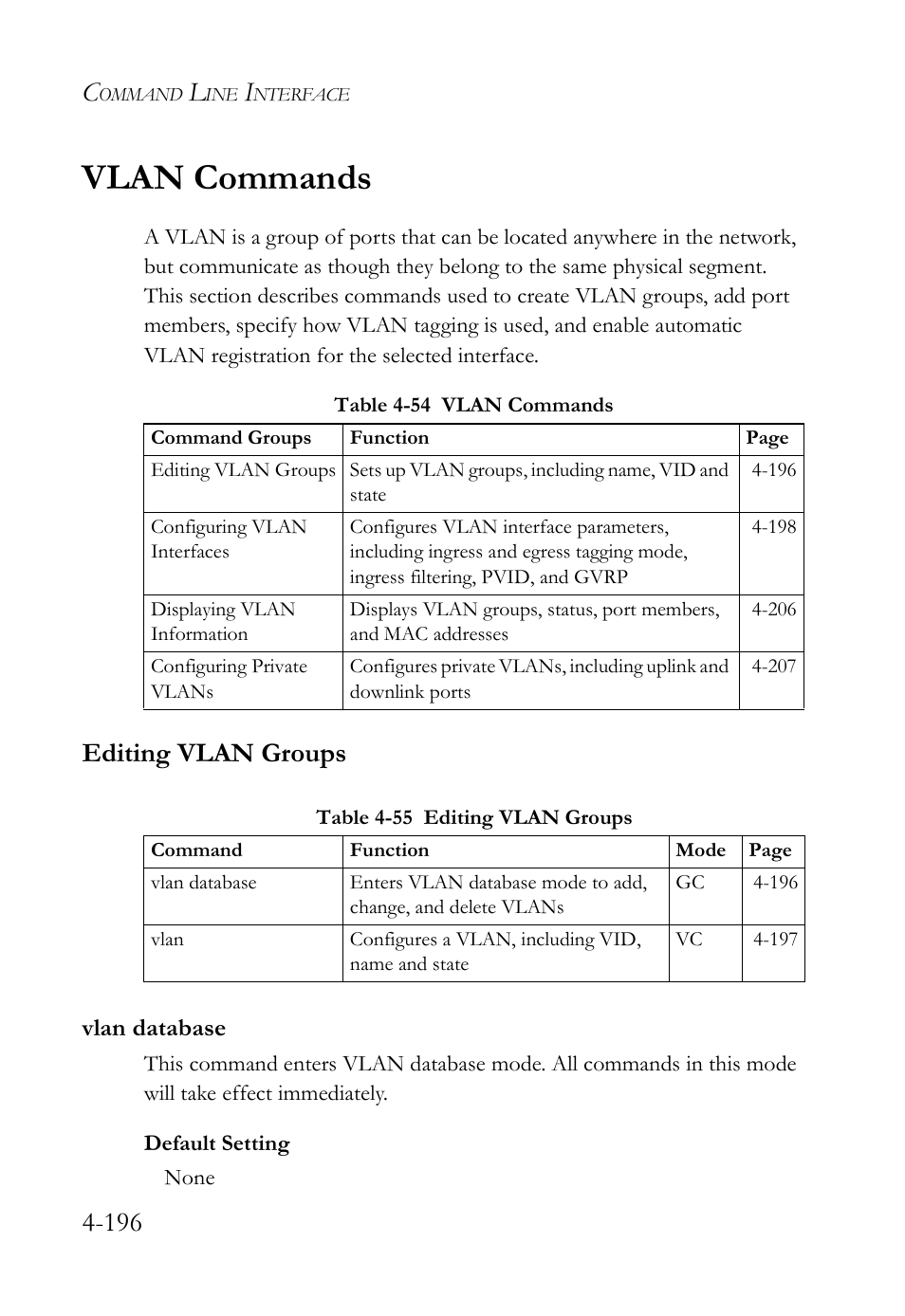 Vlan commands, Editing vlan groups, Vlan database | Vlan commands -196, Editing vlan groups -196, Vlan database -196 | SMC Networks SMC Tiger 10/100 SMC6128L2 User Manual | Page 496 / 606