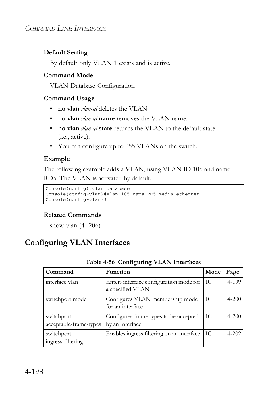 Configuring vlan interfaces, Configuring vlan interfaces -198, Table 4-56 configuring vlan interfaces -198 | SMC Networks SMC Tiger 10/100 SMC6128L2 User Manual | Page 498 / 606