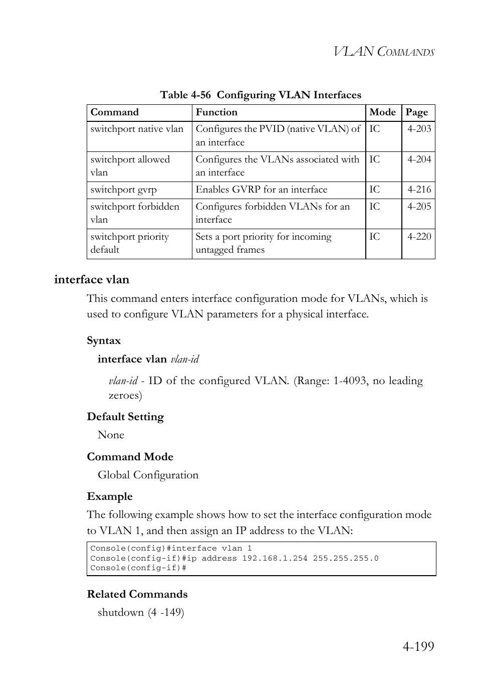Interface vlan, Interface vlan -199, Vlan c | SMC Networks SMC Tiger 10/100 SMC6128L2 User Manual | Page 499 / 606