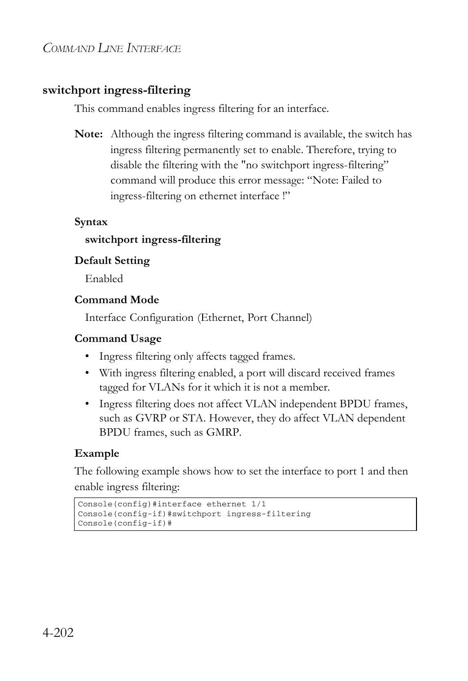 Switchport ingress-filtering, Switchport ingress-filtering -202 | SMC Networks SMC Tiger 10/100 SMC6128L2 User Manual | Page 502 / 606