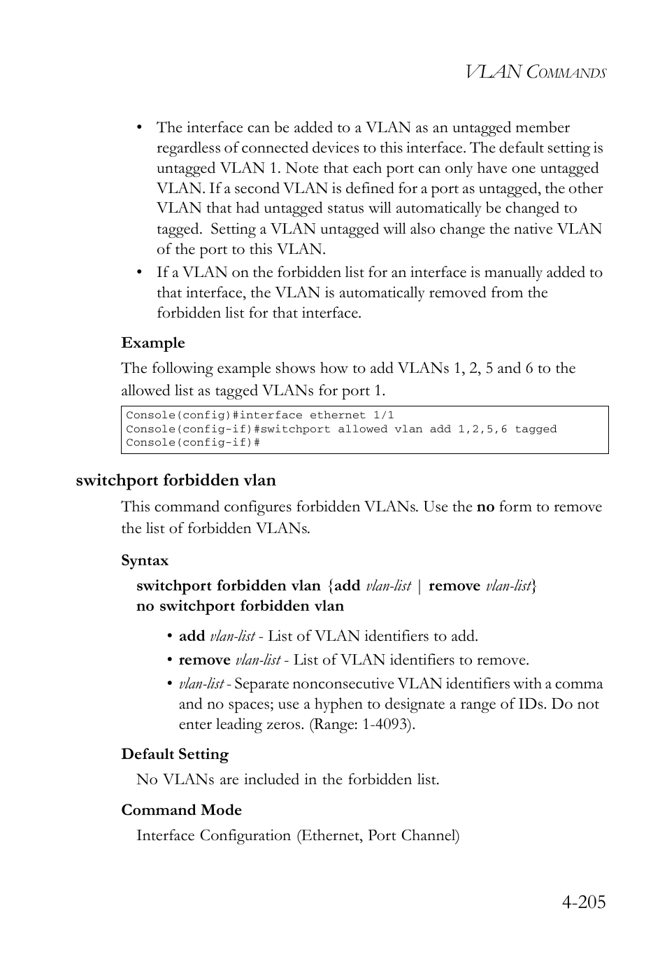 Switchport forbidden vlan, Switchport forbidden vlan -205, Vlan c | SMC Networks SMC Tiger 10/100 SMC6128L2 User Manual | Page 505 / 606