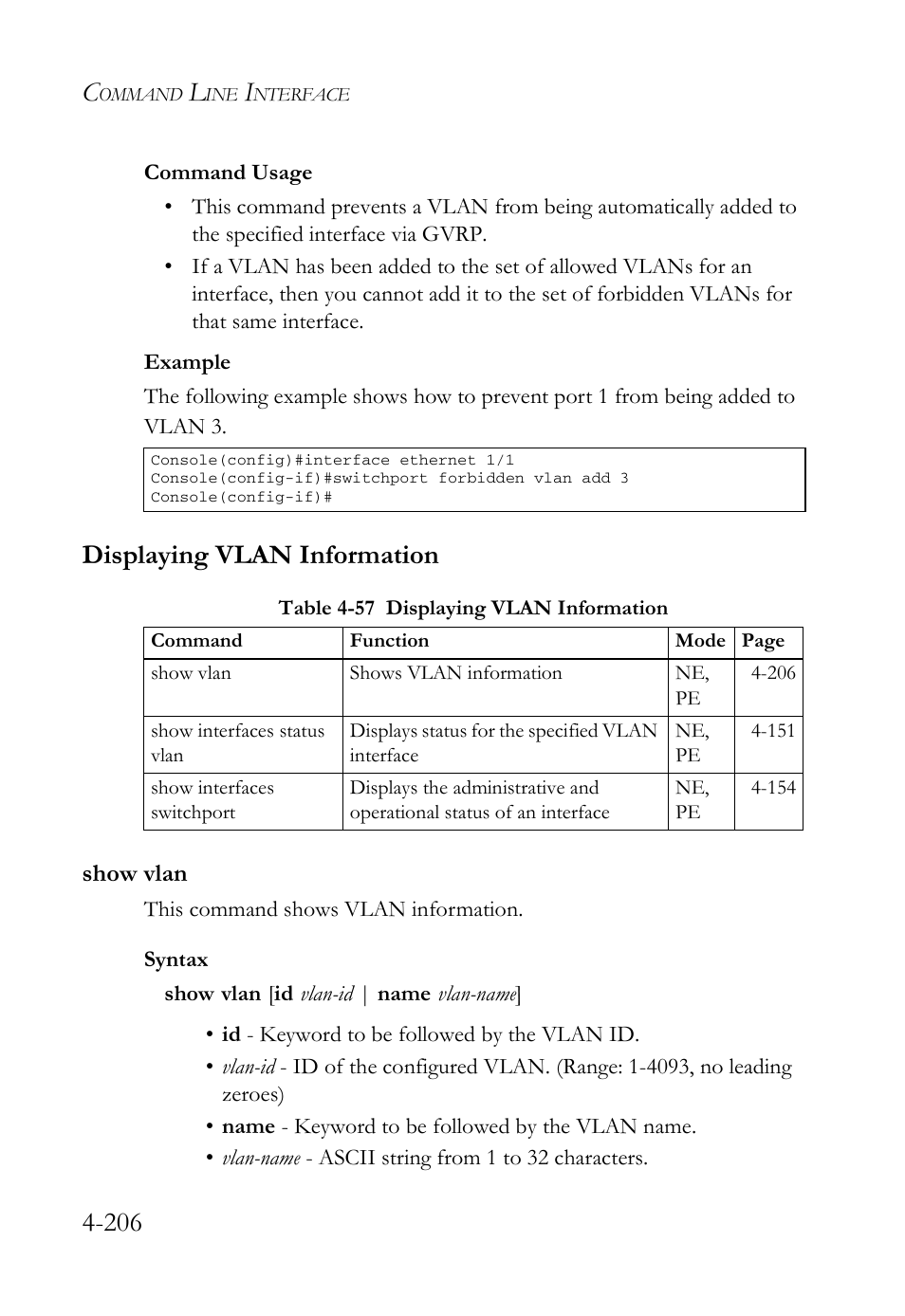 Displaying vlan information, Show vlan, Displaying vlan information -206 | Show vlan -206, Table 4-57 displaying vlan information -206, Show vlan (4 -206) | SMC Networks SMC Tiger 10/100 SMC6128L2 User Manual | Page 506 / 606