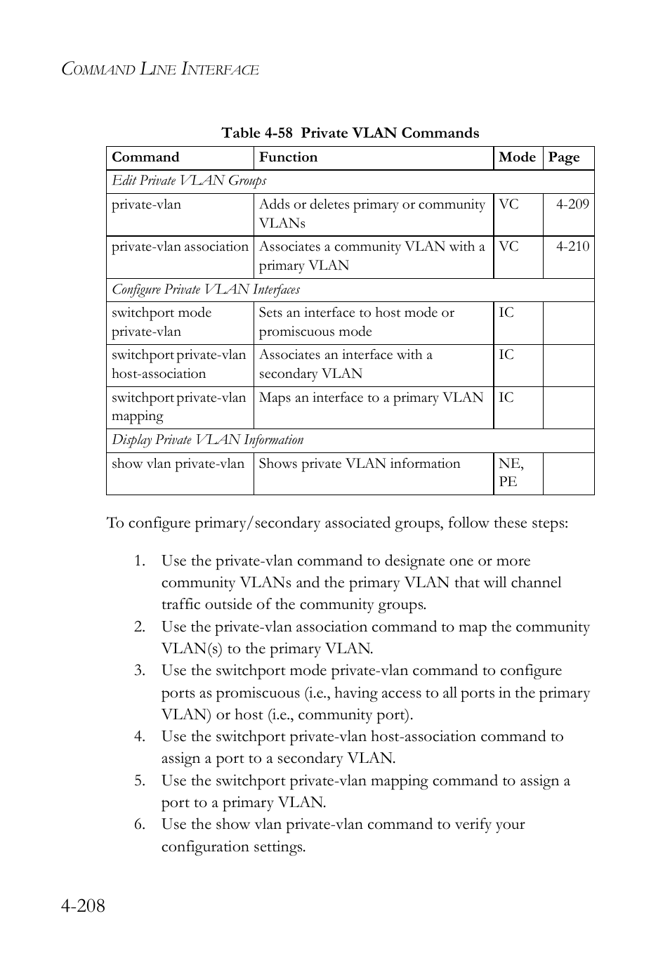 Table 4-58 private vlan commands -208 | SMC Networks SMC Tiger 10/100 SMC6128L2 User Manual | Page 508 / 606