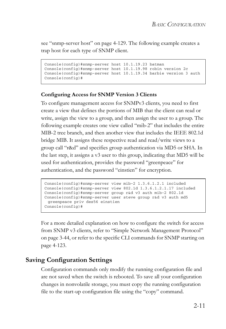 Configuring access for snmp version 3 clients, Saving configuration settings, Configuring access for snmp version 3 clients -11 | Saving configuration settings -11 | SMC Networks SMC Tiger 10/100 SMC6128L2 User Manual | Page 51 / 606