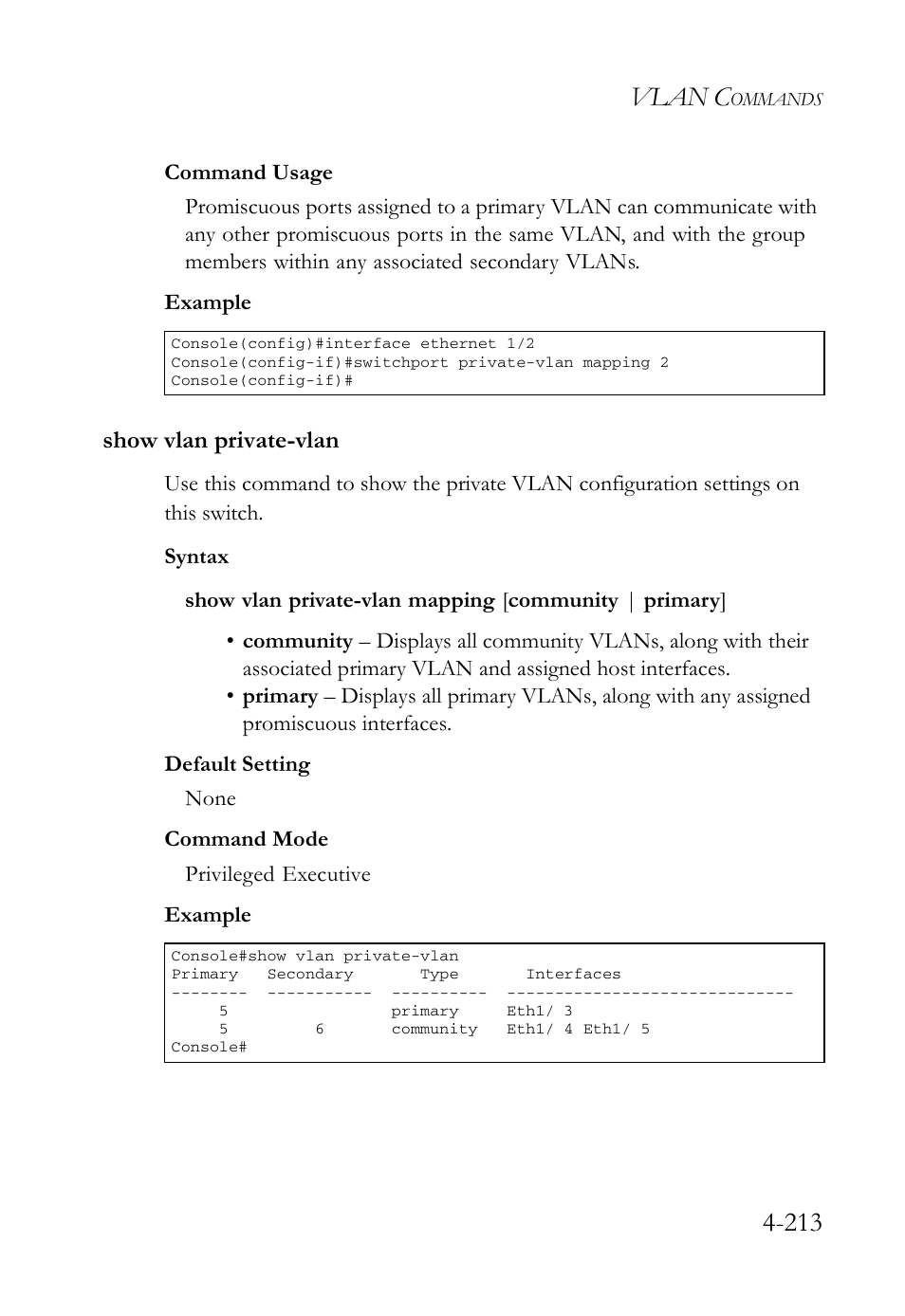 Show vlan private-vlan, Show vlan private-vlan -213, Vlan c | SMC Networks SMC Tiger 10/100 SMC6128L2 User Manual | Page 513 / 606