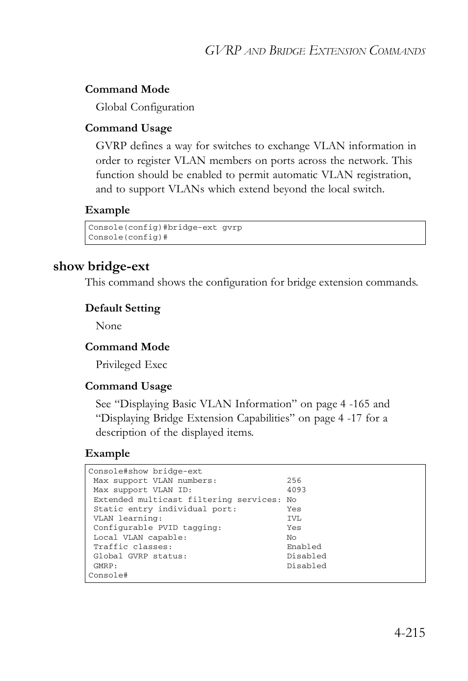 Show bridge-ext, Show bridge-ext -215, Gvrp | SMC Networks SMC Tiger 10/100 SMC6128L2 User Manual | Page 515 / 606