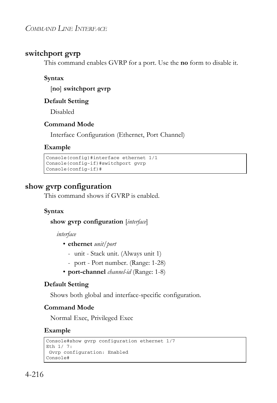 Switchport gvrp, Show gvrp configuration, Switchport gvrp -216 show gvrp configuration -216 | E 4-216), 216 switchport gvrp | SMC Networks SMC Tiger 10/100 SMC6128L2 User Manual | Page 516 / 606