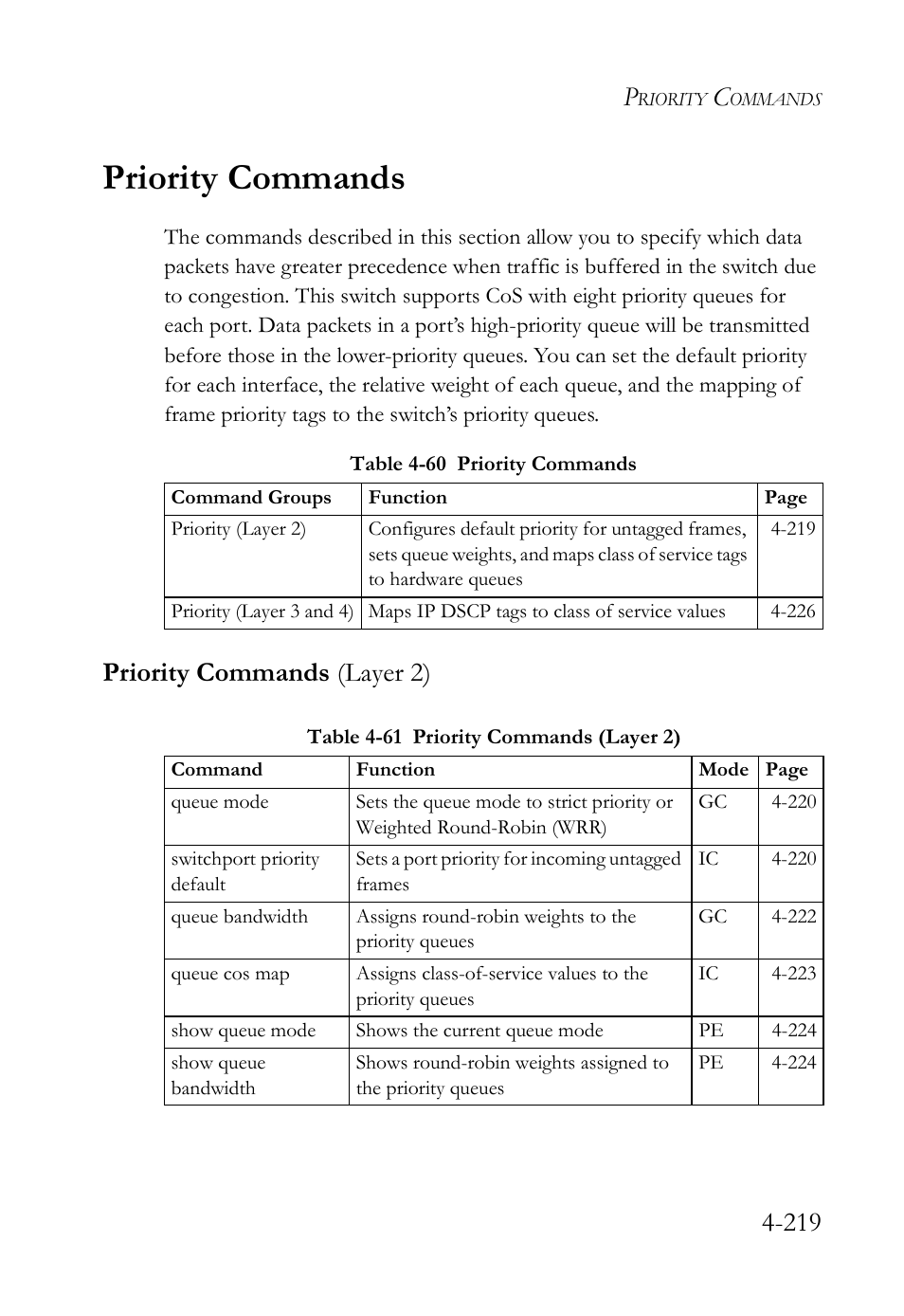 Priority commands, Priority commands (layer 2), Priority commands -219 | Priority commands (layer 2) -219, E 4-219) | SMC Networks SMC Tiger 10/100 SMC6128L2 User Manual | Page 519 / 606