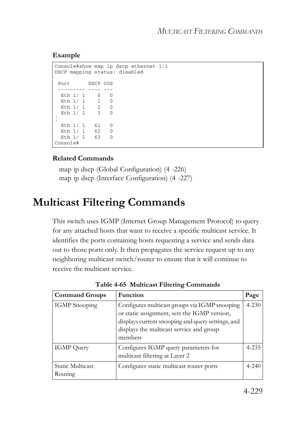 Multicast filtering commands, Multicast filtering commands -229, Table 4-65 multicast filtering commands -229 | SMC Networks SMC Tiger 10/100 SMC6128L2 User Manual | Page 529 / 606