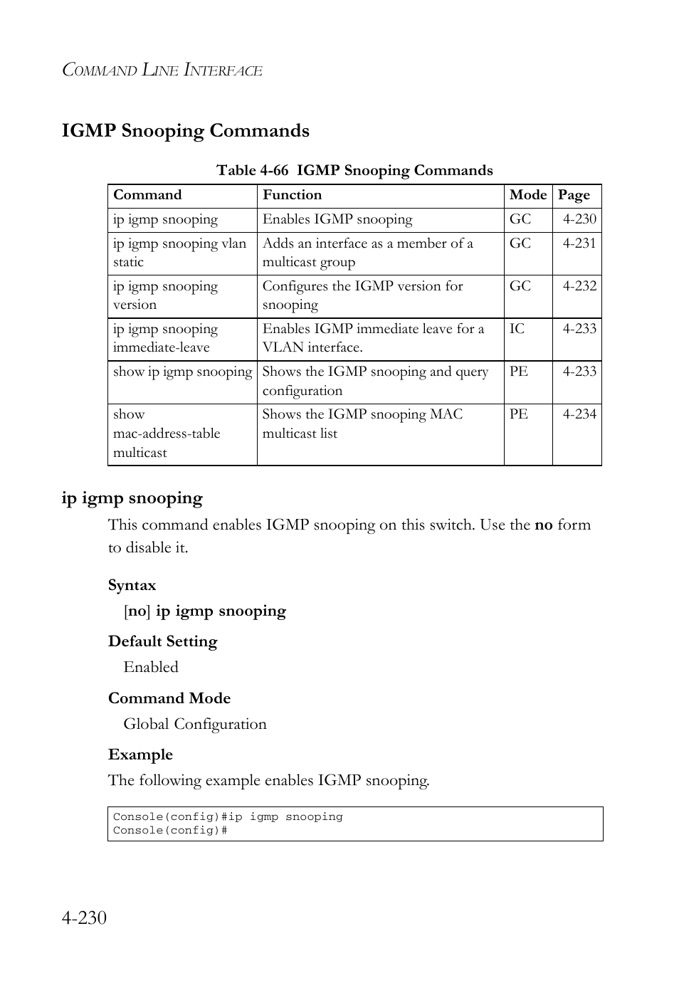 Igmp snooping commands, Ip igmp snooping, Igmp snooping commands -230 | Ip igmp snooping -230, Table 4-66 igmp snooping commands -230, 230 igmp snooping commands | SMC Networks SMC Tiger 10/100 SMC6128L2 User Manual | Page 530 / 606