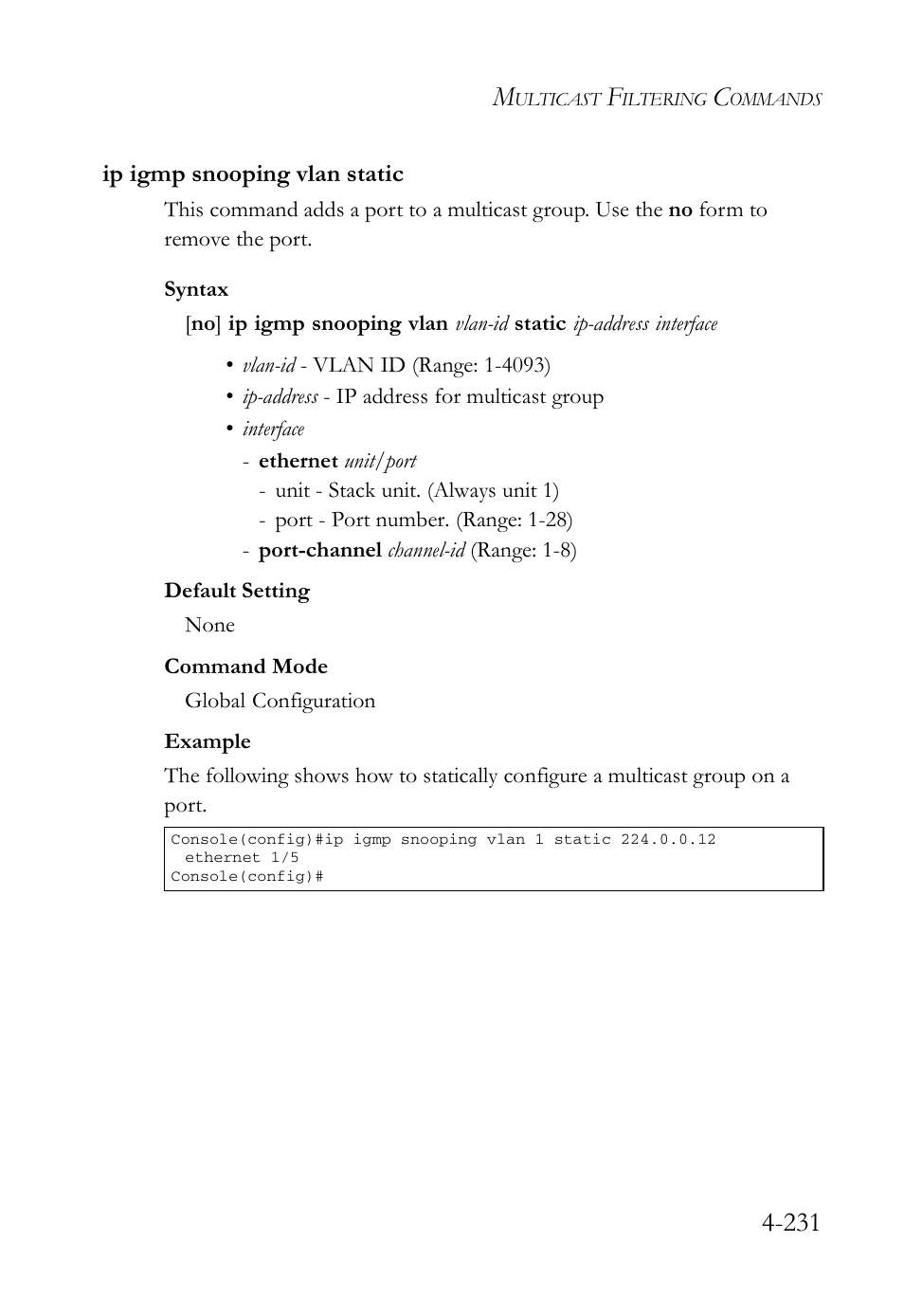 Ip igmp snooping vlan static, Ip igmp snooping vlan static -231 | SMC Networks SMC Tiger 10/100 SMC6128L2 User Manual | Page 531 / 606