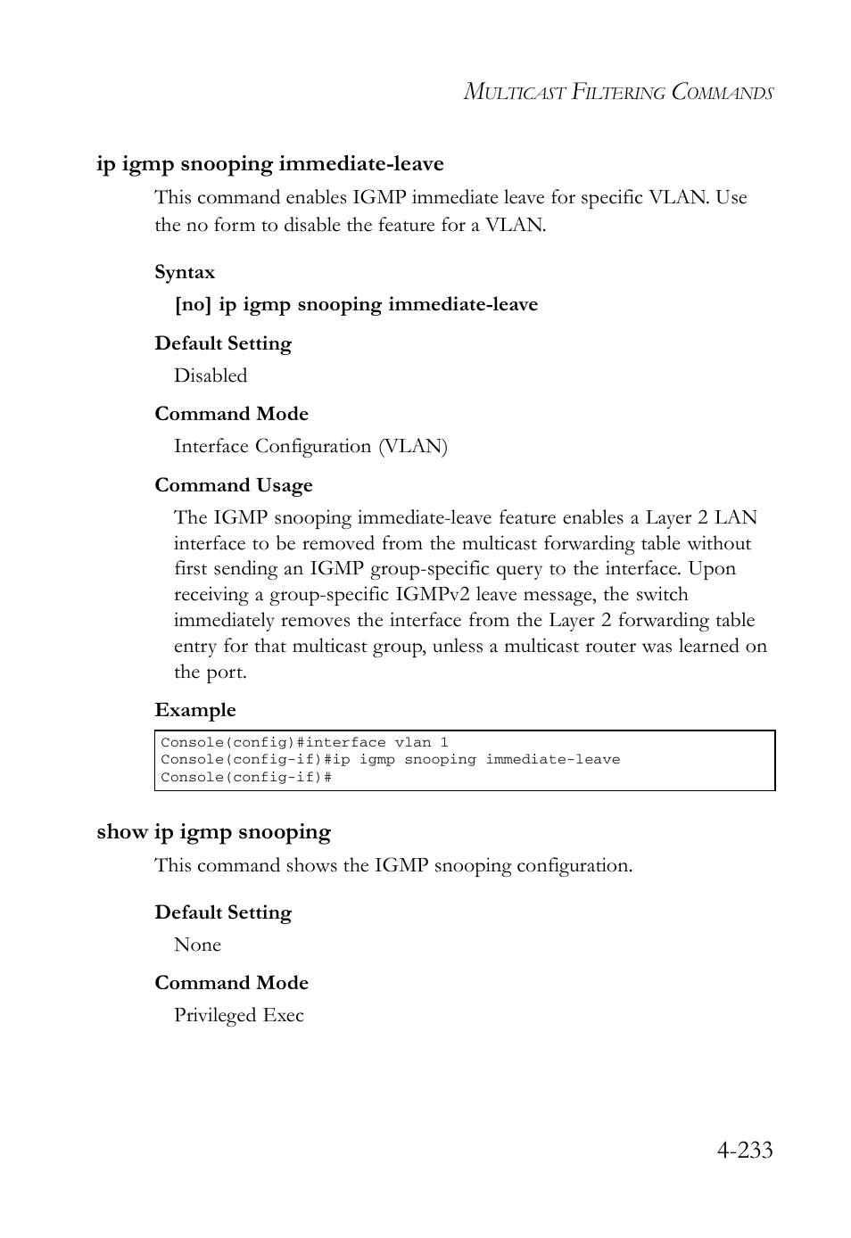 Ip igmp snooping immediate-leave, Show ip igmp snooping | SMC Networks SMC Tiger 10/100 SMC6128L2 User Manual | Page 533 / 606