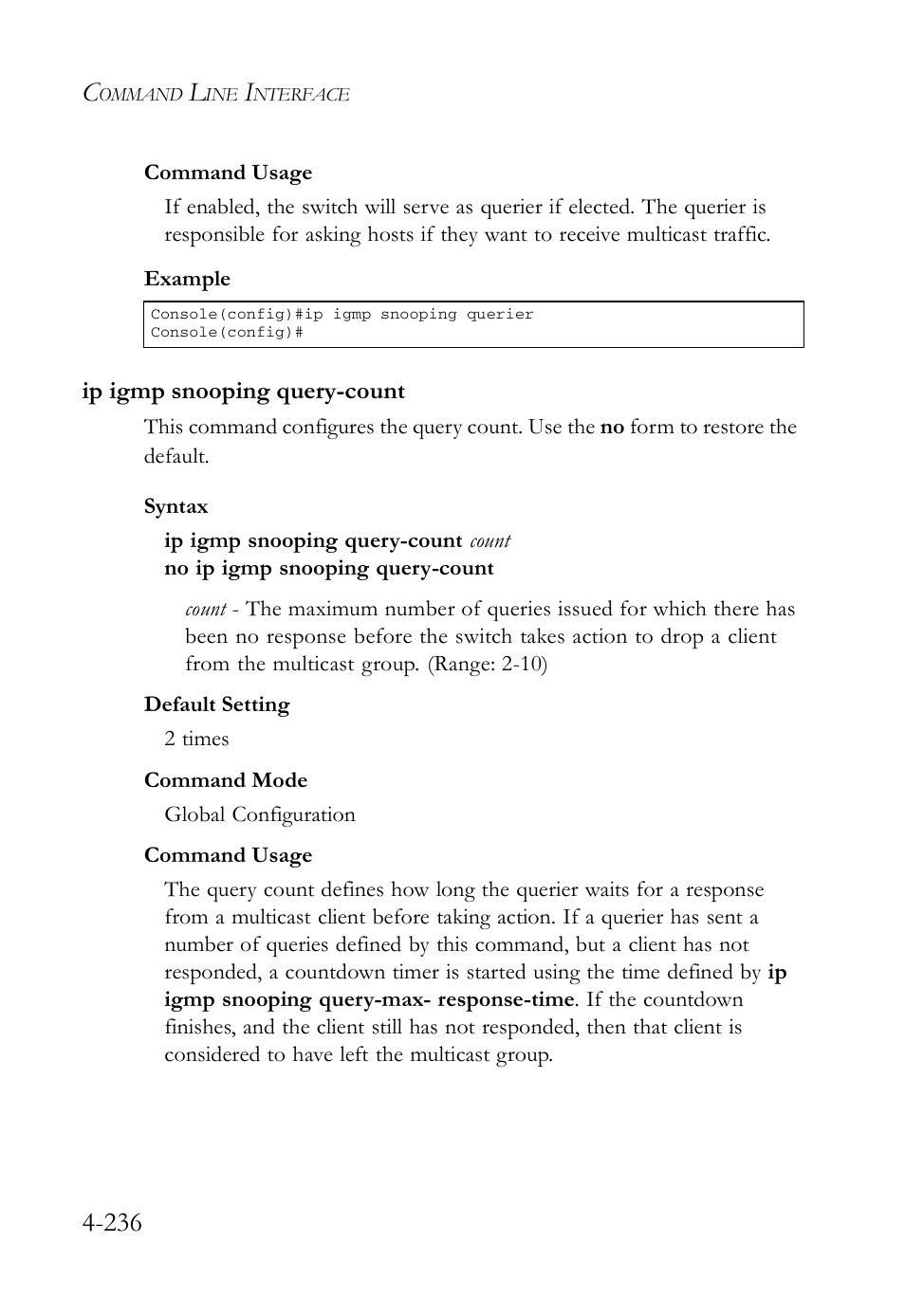 Ip igmp snooping query-count, Ip igmp snooping query-count -236 | SMC Networks SMC Tiger 10/100 SMC6128L2 User Manual | Page 536 / 606