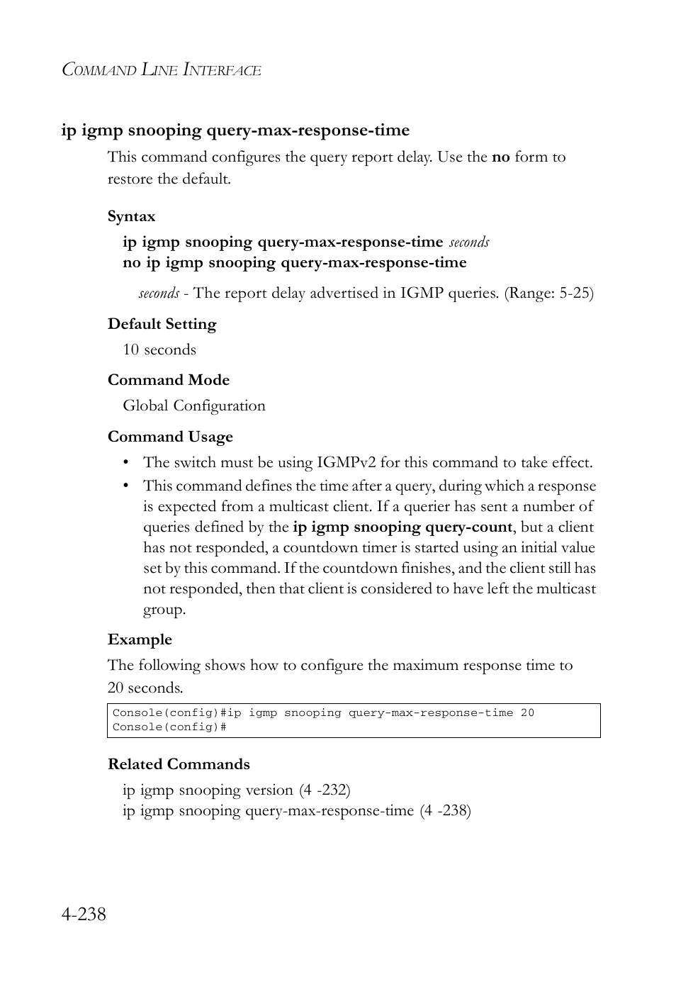 Ip igmp snooping query-max-response-time, Ip igmp snooping query-max-response-time -238 | SMC Networks SMC Tiger 10/100 SMC6128L2 User Manual | Page 538 / 606