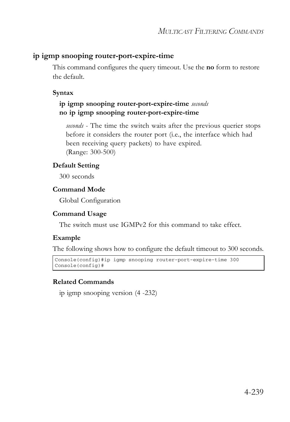 Ip igmp snooping router-port-expire-time, Ip igmp snooping router-port-expire-time -239 | SMC Networks SMC Tiger 10/100 SMC6128L2 User Manual | Page 539 / 606