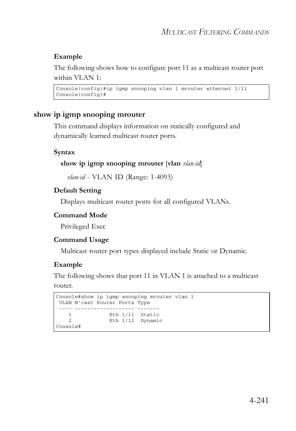 Show ip igmp snooping mrouter, Show ip igmp snooping mrouter -241 | SMC Networks SMC Tiger 10/100 SMC6128L2 User Manual | Page 541 / 606