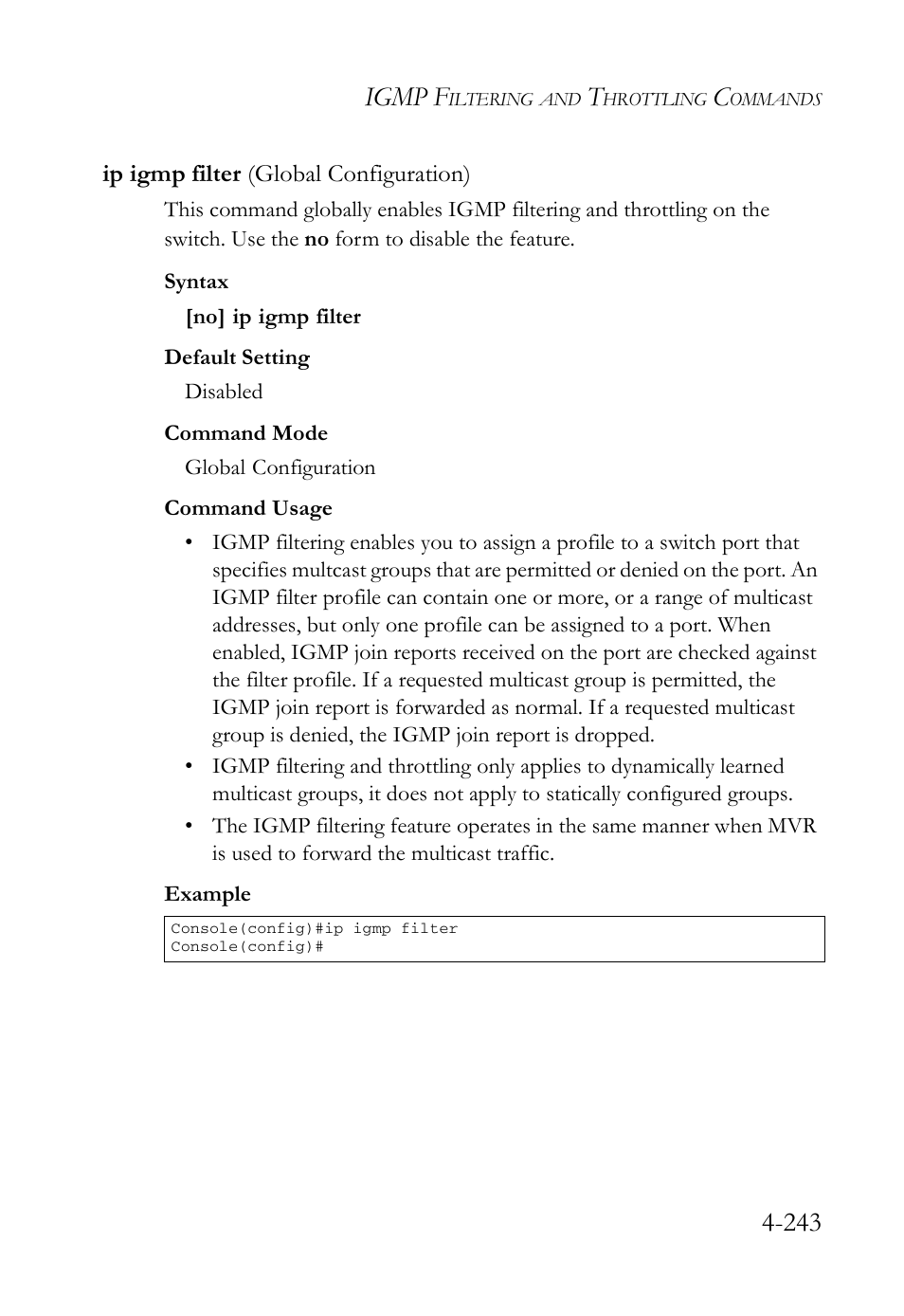 Ip igmp filter (global configuration), Ip igmp filter (global configuration) -243, Igmp f | SMC Networks SMC Tiger 10/100 SMC6128L2 User Manual | Page 543 / 606