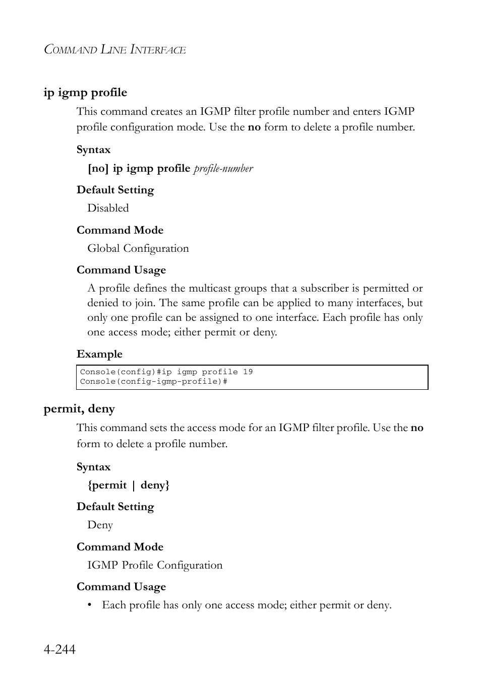 Ip igmp profile, Permit, deny, Ip igmp profile -244 permit, deny -244 | SMC Networks SMC Tiger 10/100 SMC6128L2 User Manual | Page 544 / 606