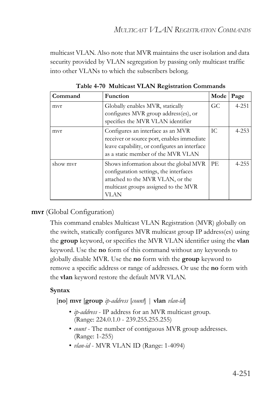 Mvr (global configuration), Mvr (global configuration) -251, Vlan r | SMC Networks SMC Tiger 10/100 SMC6128L2 User Manual | Page 551 / 606