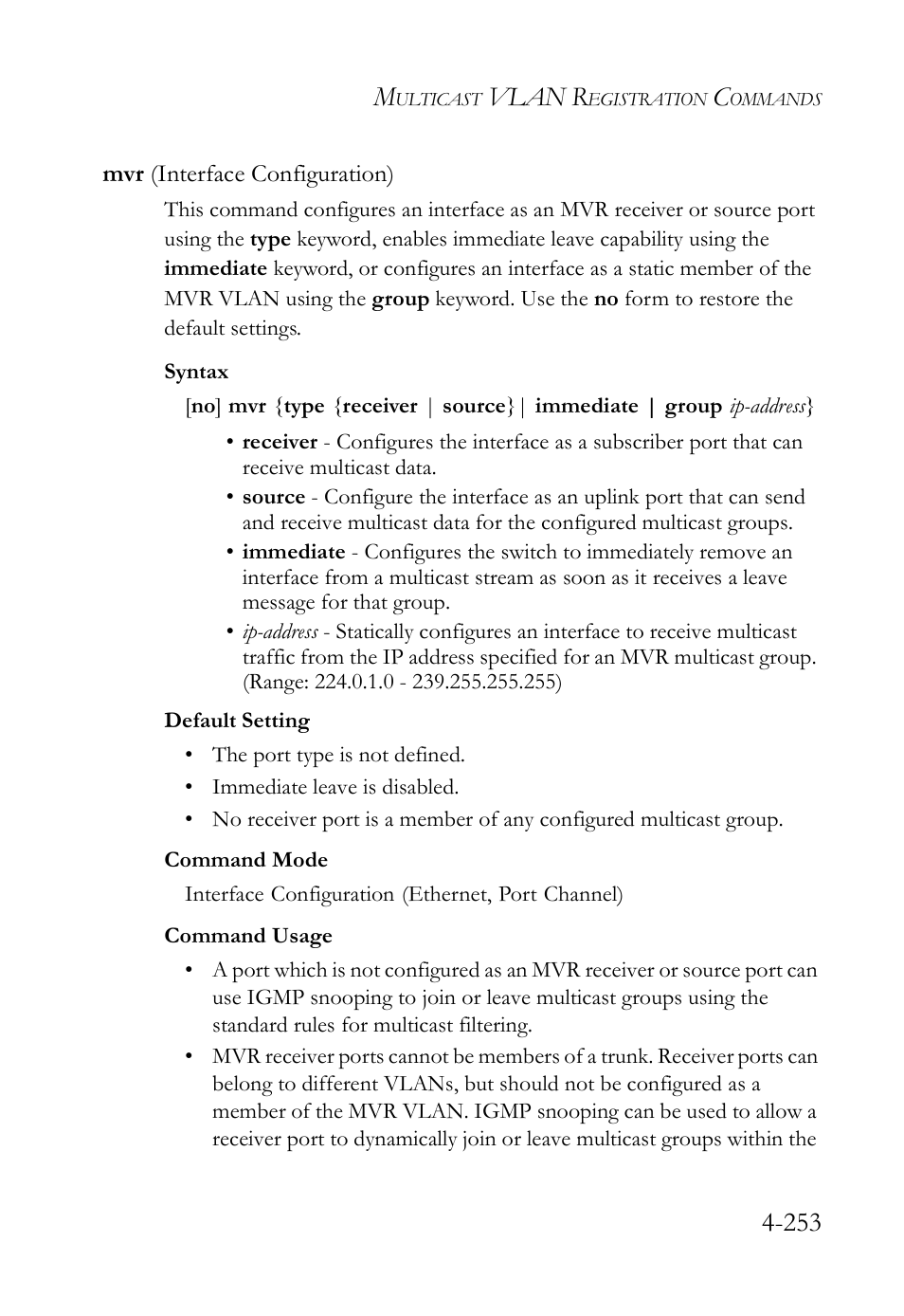 Mvr (interface configuration), Mvr (interface configuration) -253, Vlan r | SMC Networks SMC Tiger 10/100 SMC6128L2 User Manual | Page 553 / 606