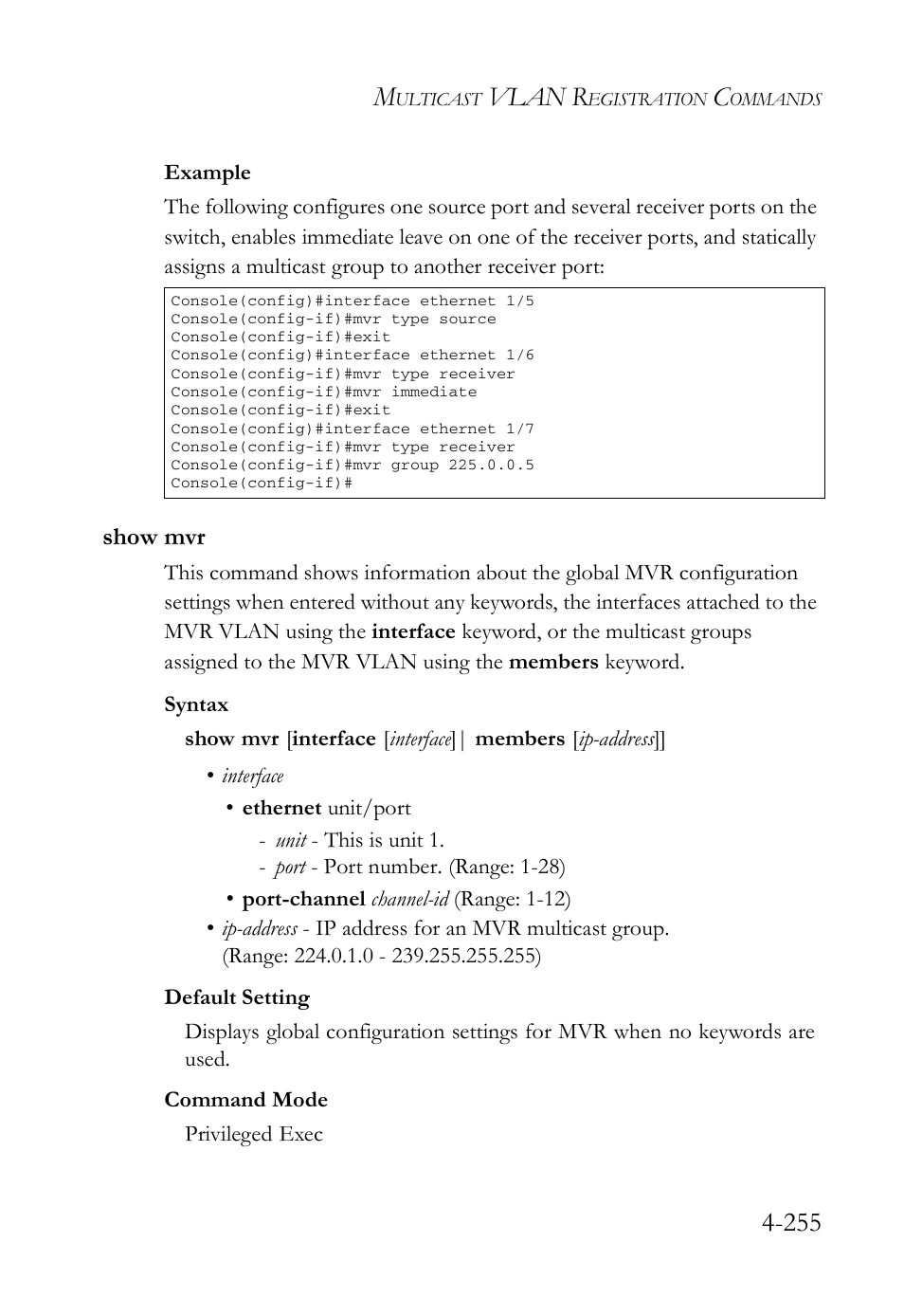 Show mvr, Show mvr -255, Vlan r | SMC Networks SMC Tiger 10/100 SMC6128L2 User Manual | Page 555 / 606