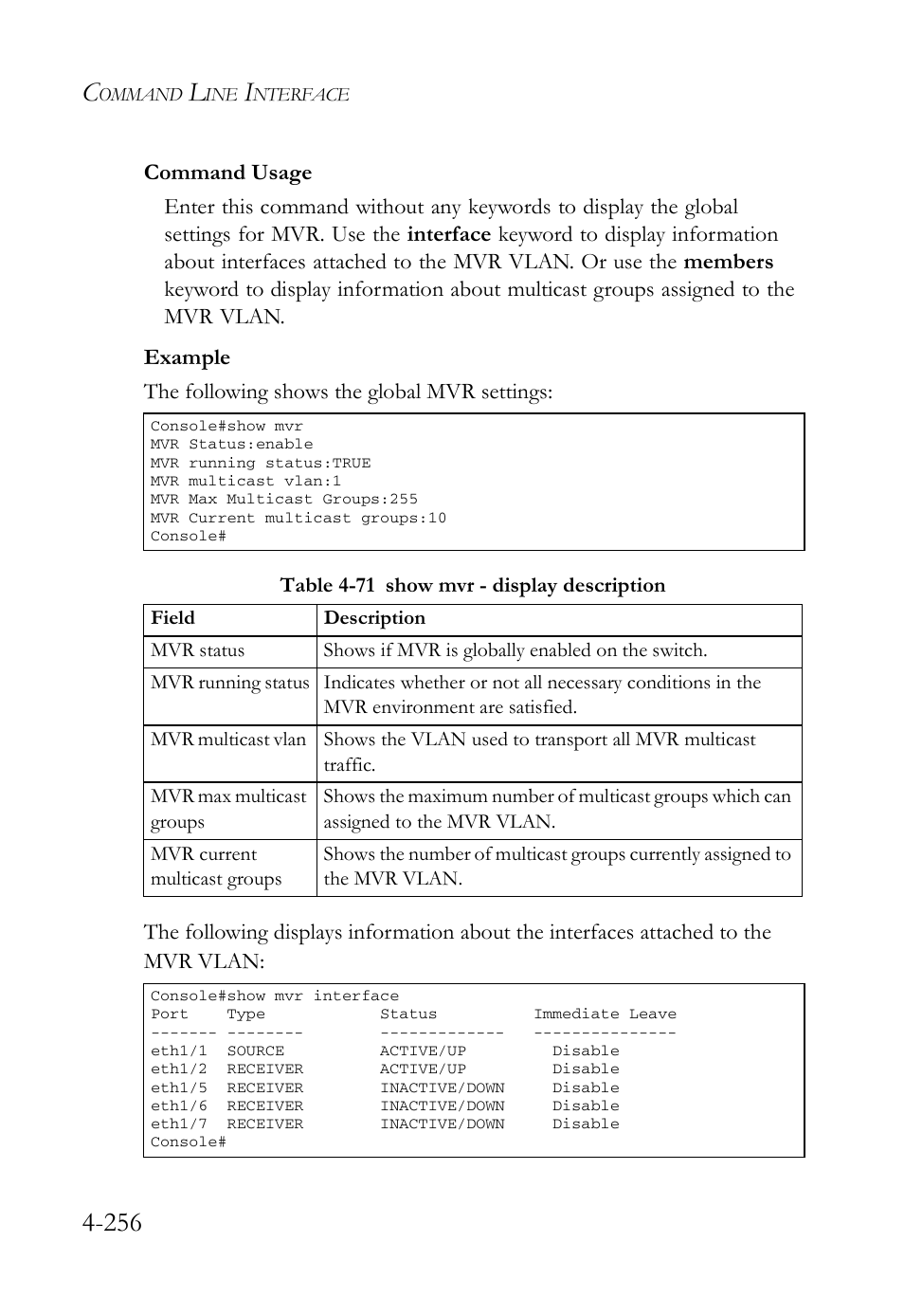 Table 4-71 show mvr - display description -256 | SMC Networks SMC Tiger 10/100 SMC6128L2 User Manual | Page 556 / 606