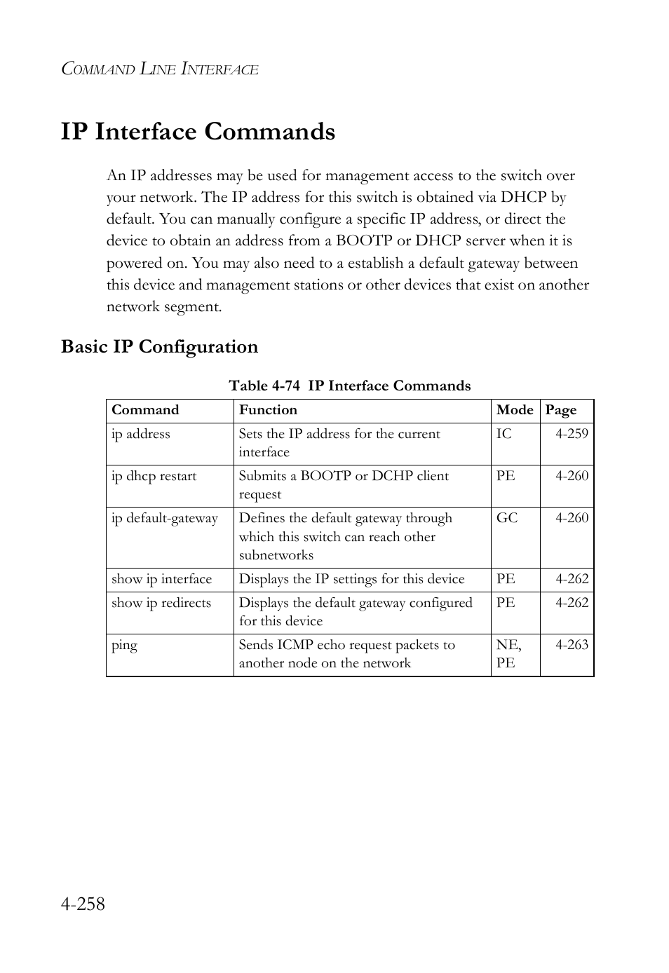 Ip interface commands, Basic ip configuration, Ip interface commands -258 | Basic ip configuration -258, Table 4-74 ip interface commands -258 | SMC Networks SMC Tiger 10/100 SMC6128L2 User Manual | Page 558 / 606