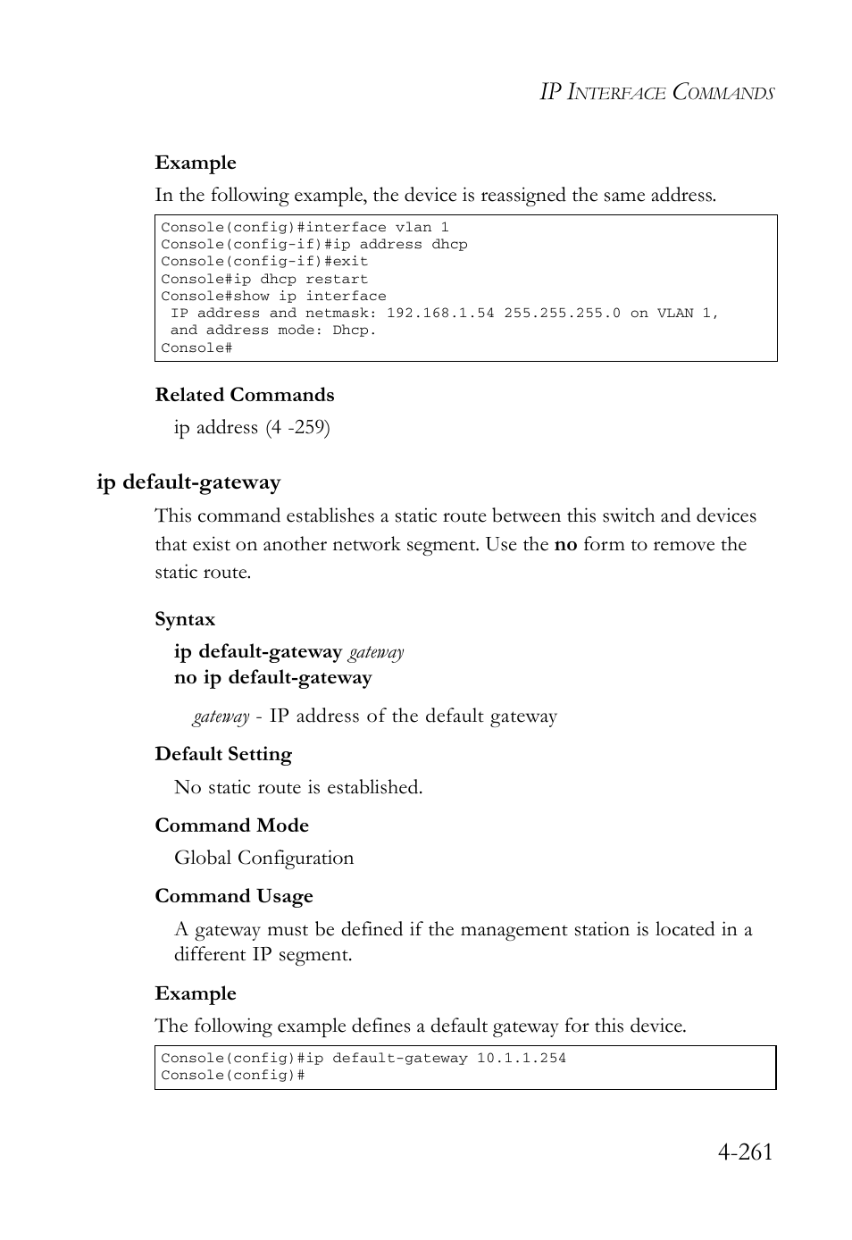 Ip default-gateway, Ip default-gateway -261, Ip i | SMC Networks SMC Tiger 10/100 SMC6128L2 User Manual | Page 561 / 606