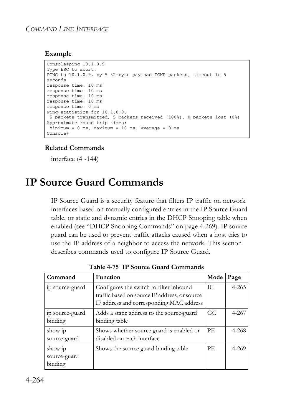 Ip source guard commands, Ip source guard commands -264, Table 4-75 ip source guard commands -264 | SMC Networks SMC Tiger 10/100 SMC6128L2 User Manual | Page 564 / 606