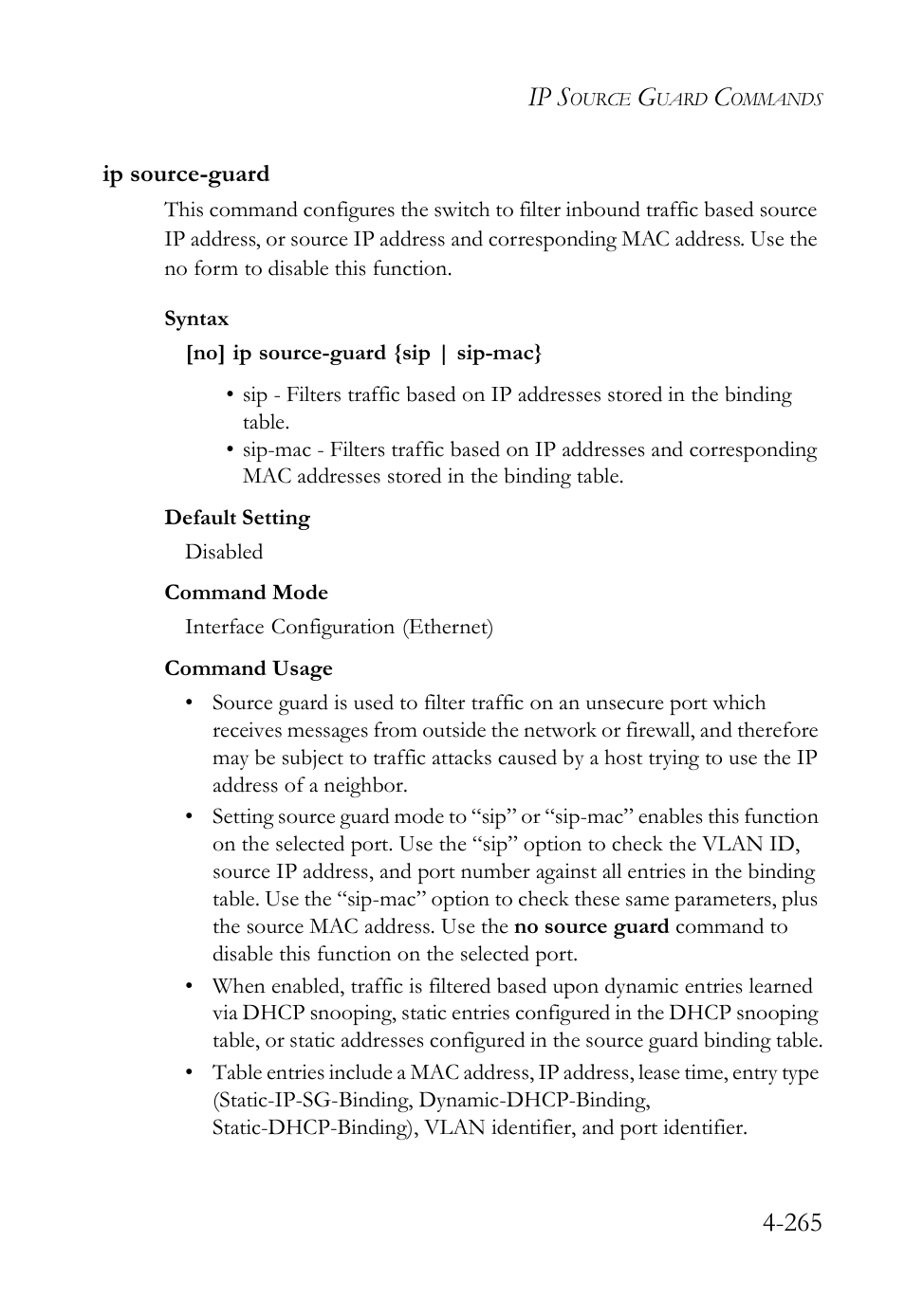Ip source-guard, Ip source-guard -265, Ip s | SMC Networks SMC Tiger 10/100 SMC6128L2 User Manual | Page 565 / 606