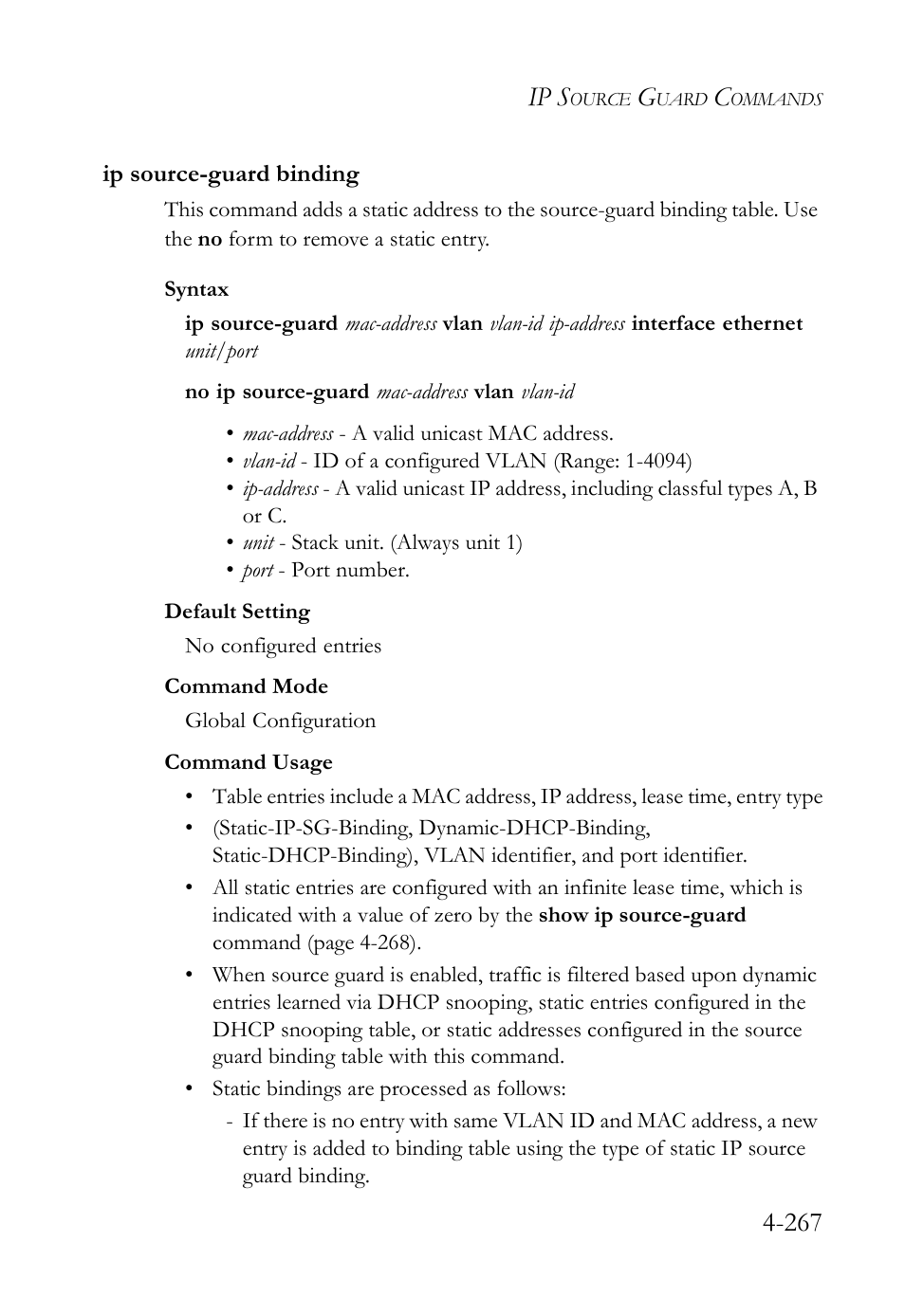 Ip source-guard binding, Ip source-guard binding -267, Age 4-267) | Ip source-guard binding (4 -267), Ip s | SMC Networks SMC Tiger 10/100 SMC6128L2 User Manual | Page 567 / 606