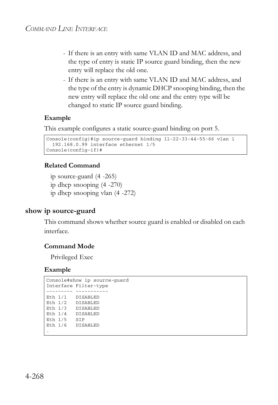 Show ip source-guard, Show ip source-guard -268 | SMC Networks SMC Tiger 10/100 SMC6128L2 User Manual | Page 568 / 606