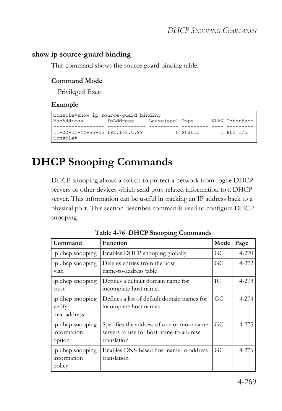 Show ip source-guard binding, Dhcp snooping commands, Show ip source-guard binding -269 | Dhcp snooping commands -269, Table 4-76 dhcp snooping commands -269, Dhcp s | SMC Networks SMC Tiger 10/100 SMC6128L2 User Manual | Page 569 / 606