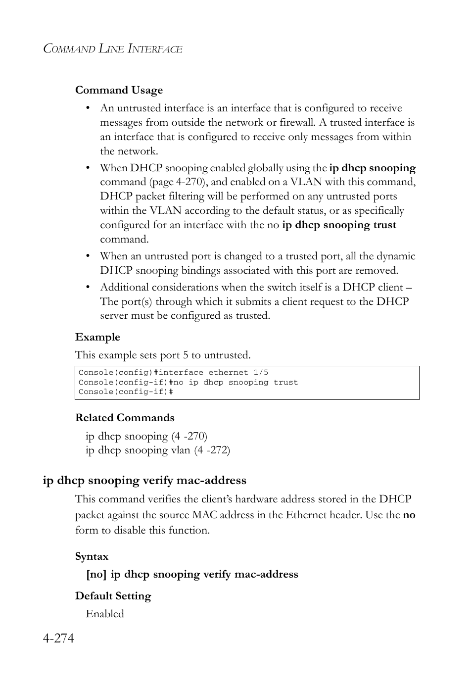 Ip dhcp snooping verify mac-address, Ip dhcp snooping verify mac-address -274 | SMC Networks SMC Tiger 10/100 SMC6128L2 User Manual | Page 574 / 606
