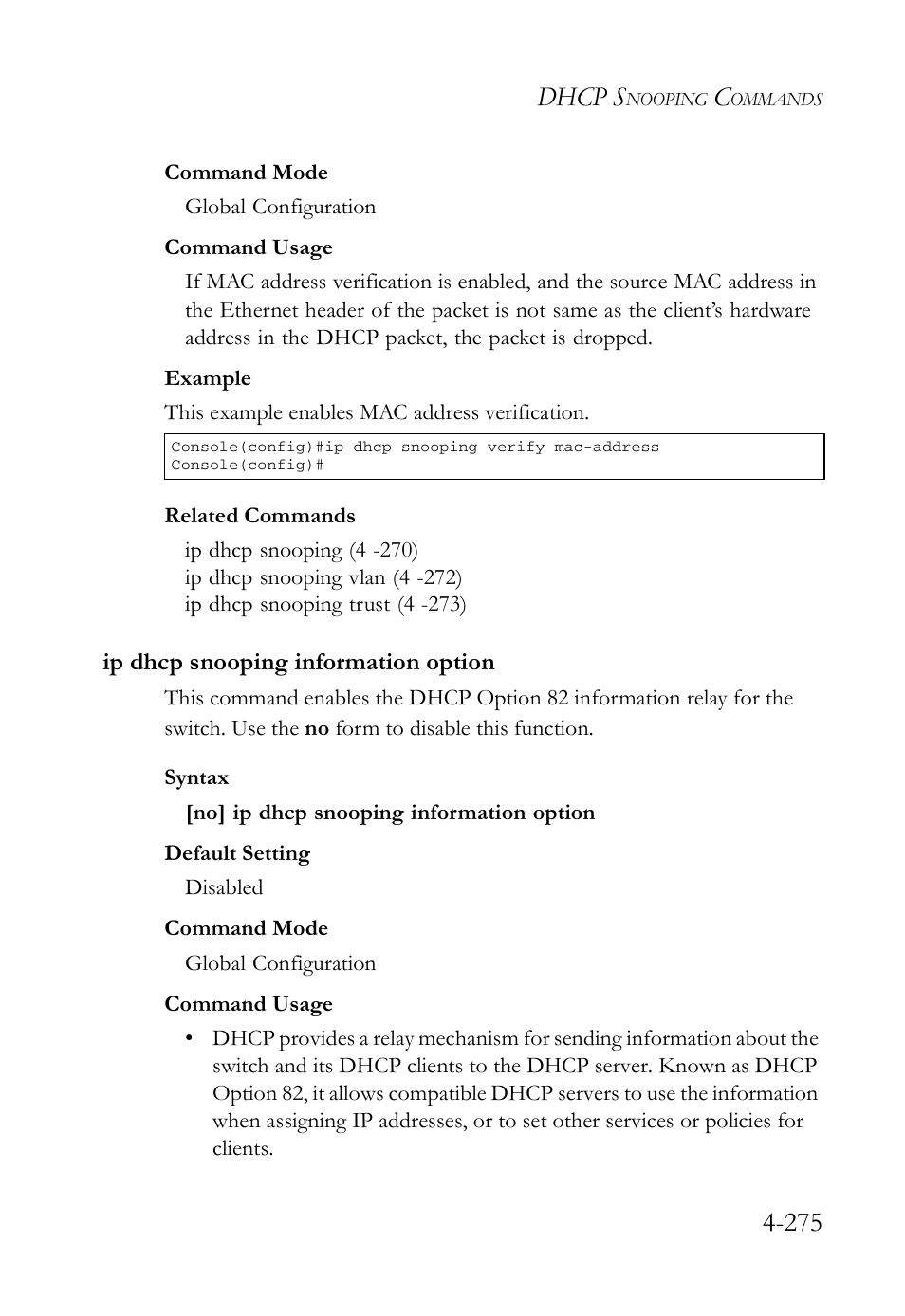 Ip dhcp snooping information option, Ip dhcp snooping information option -275, Dhcp s | SMC Networks SMC Tiger 10/100 SMC6128L2 User Manual | Page 575 / 606