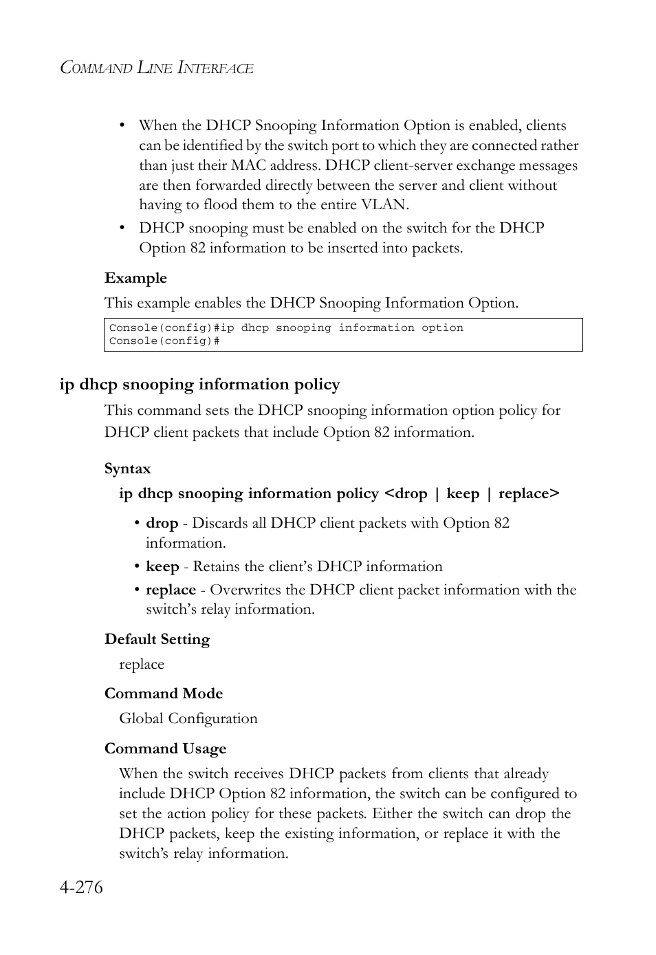 Ip dhcp snooping information policy, Ip dhcp snooping information policy -276 | SMC Networks SMC Tiger 10/100 SMC6128L2 User Manual | Page 576 / 606