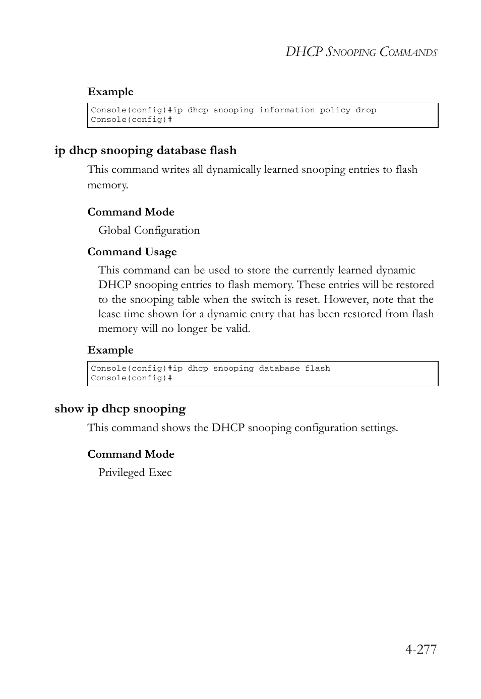 Ip dhcp snooping database flash, Show ip dhcp snooping, Dhcp s | SMC Networks SMC Tiger 10/100 SMC6128L2 User Manual | Page 577 / 606