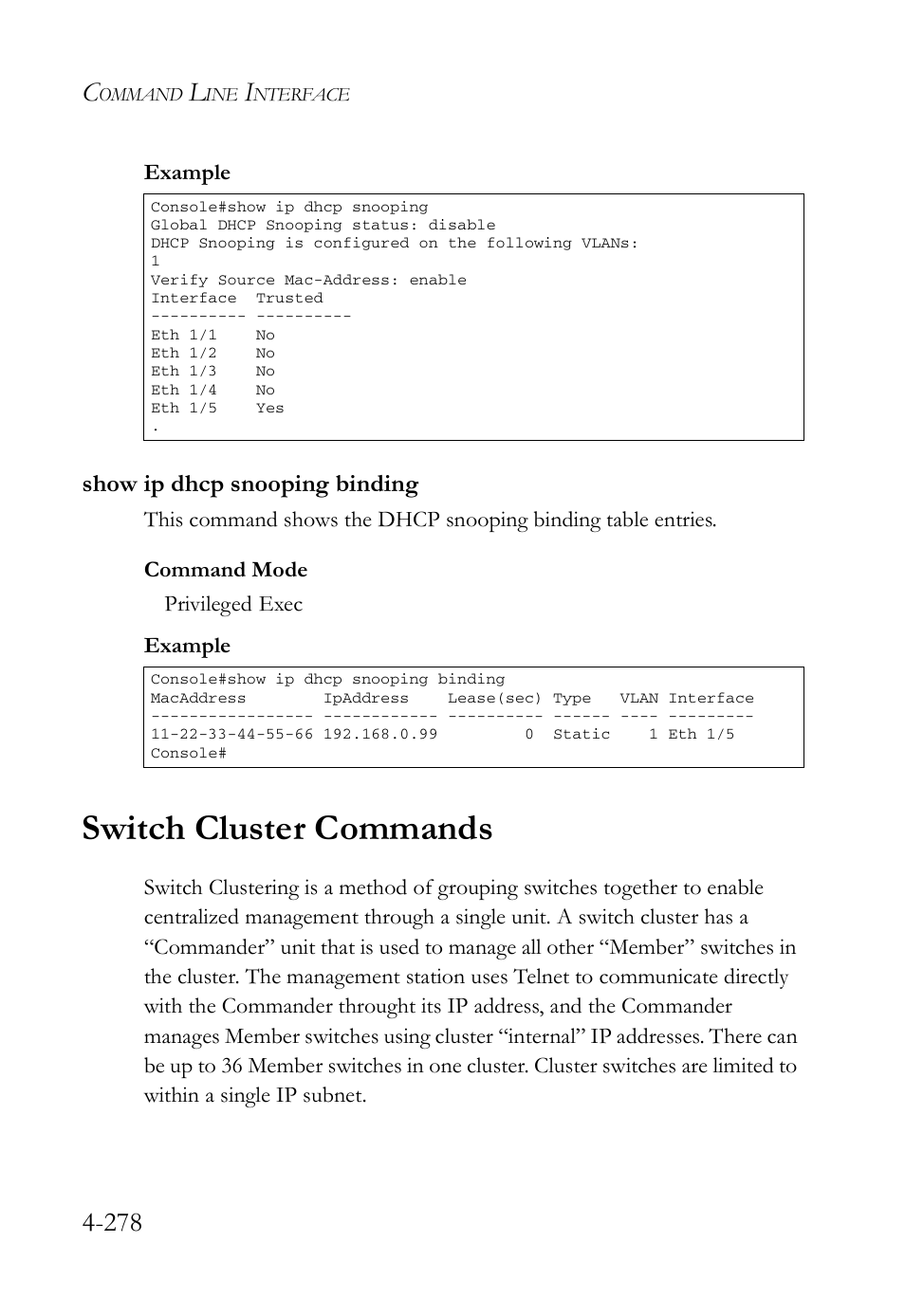 Show ip dhcp snooping binding, Switch cluster commands, Show ip dhcp snooping binding -278 | Switch cluster commands -278 | SMC Networks SMC Tiger 10/100 SMC6128L2 User Manual | Page 578 / 606