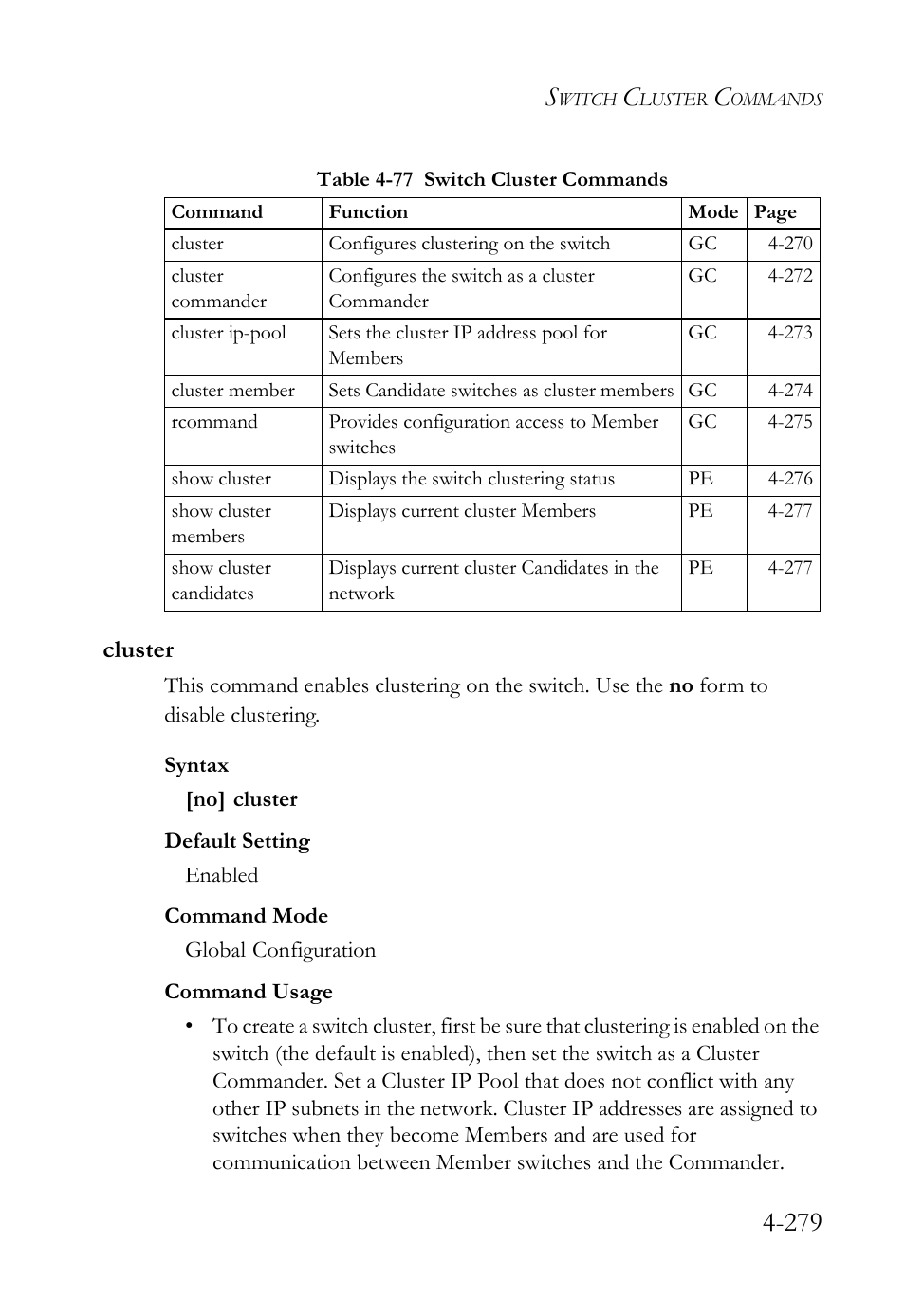Cluster, Cluster -279, Table 4-77 switch cluster commands -279 | SMC Networks SMC Tiger 10/100 SMC6128L2 User Manual | Page 579 / 606