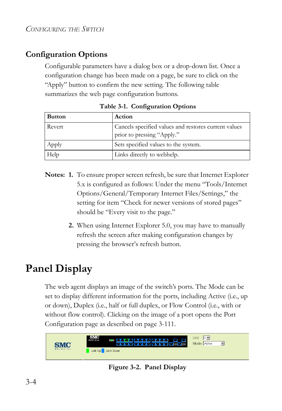 Configuration options, Panel display, Configuration options -4 | Panel display -4, Table 3-1. configuration options -4, Figure 3-2, 4 configuration options | SMC Networks SMC Tiger 10/100 SMC6128L2 User Manual | Page 58 / 606