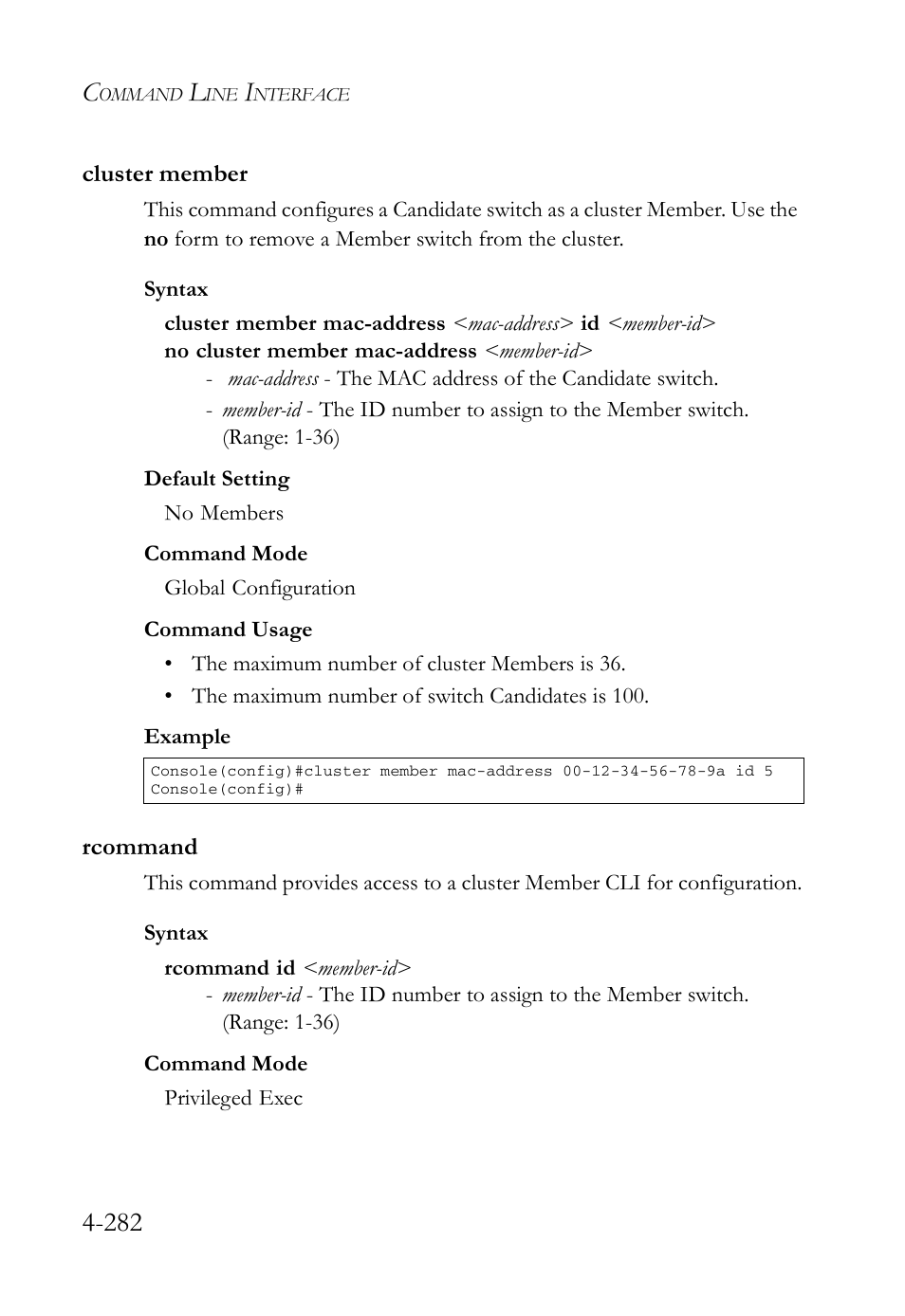 Cluster member, Rcommand, Cluster member -282 rcommand -282 | SMC Networks SMC Tiger 10/100 SMC6128L2 User Manual | Page 582 / 606