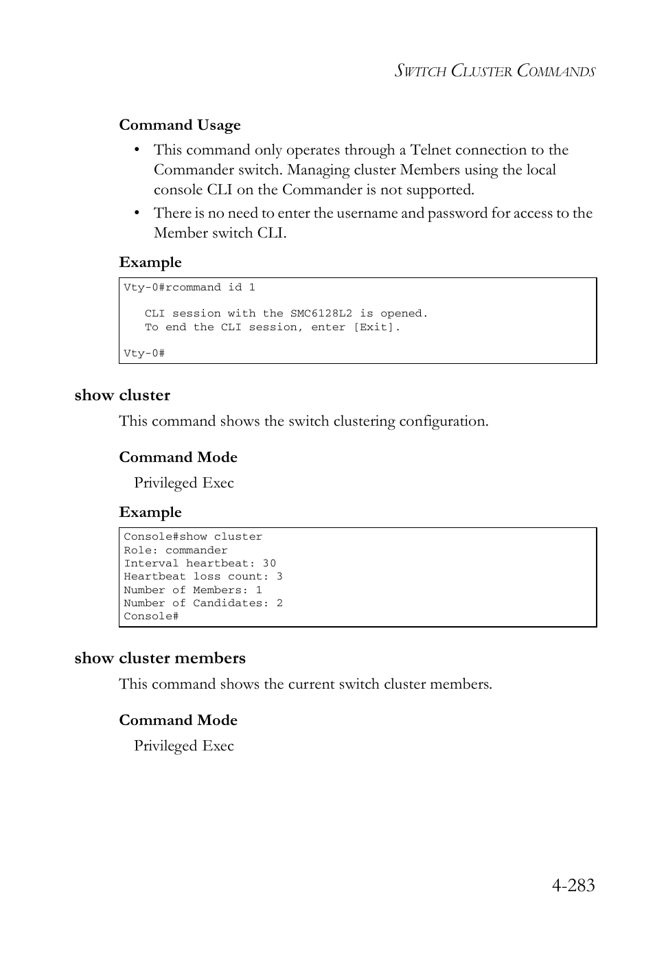 Show cluster, Show cluster members, Show cluster -283 show cluster members -283 | SMC Networks SMC Tiger 10/100 SMC6128L2 User Manual | Page 583 / 606