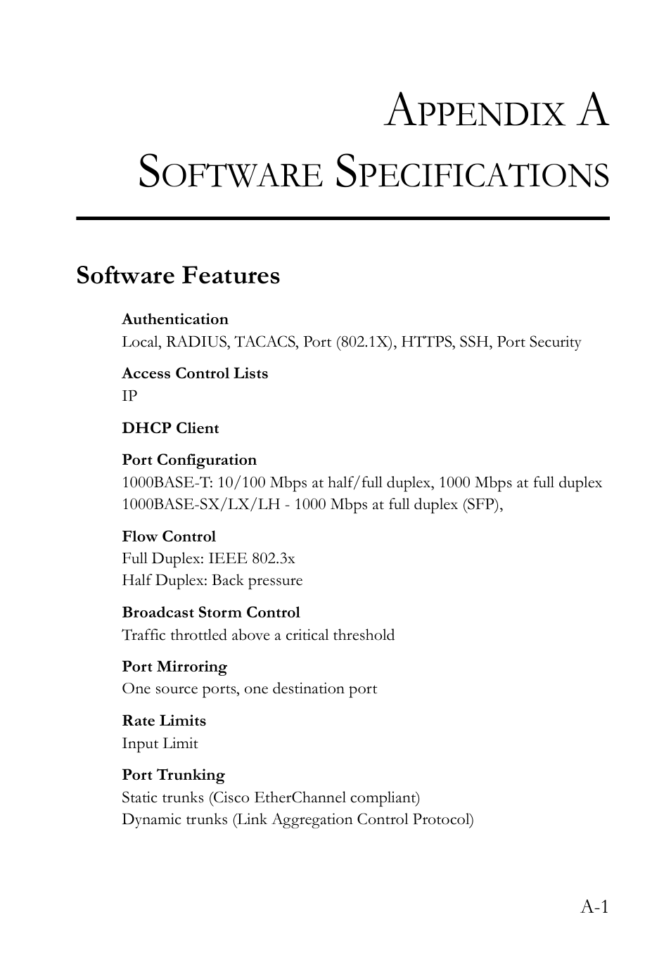 Appendix a software specifications, Software features, Ppendix | Oftware, Pecifications | SMC Networks SMC Tiger 10/100 SMC6128L2 User Manual | Page 585 / 606