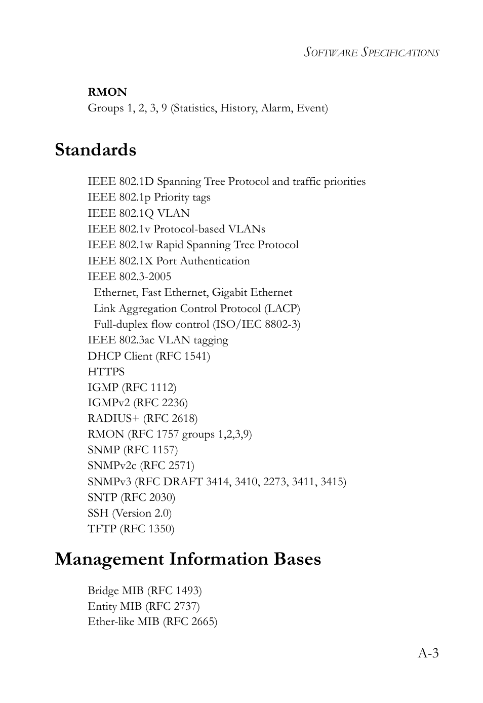 Standards, Management information bases | SMC Networks SMC Tiger 10/100 SMC6128L2 User Manual | Page 587 / 606