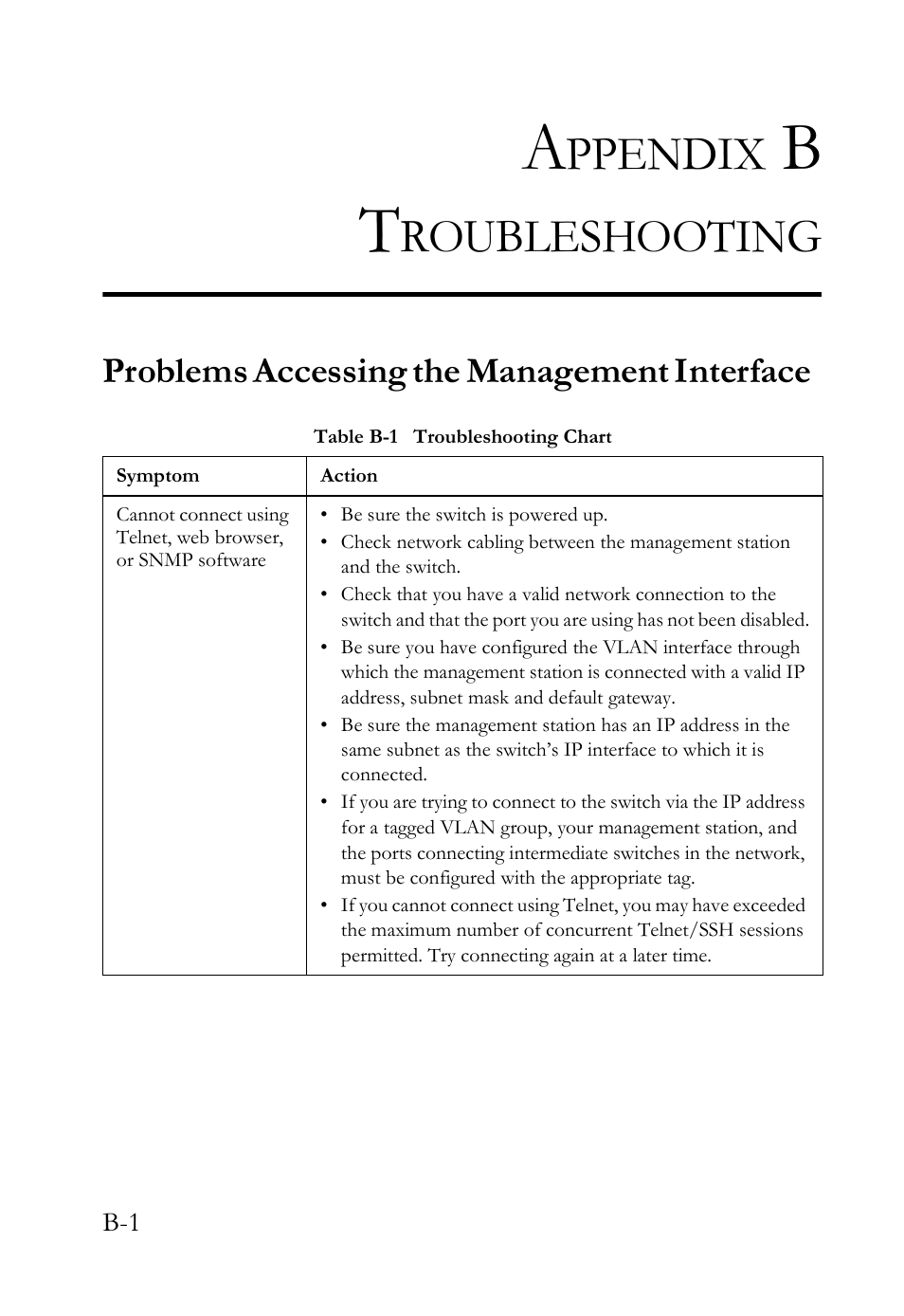 Appendix b troubleshooting, Problems accessing the management interface, Ppendix | Roubleshooting | SMC Networks SMC Tiger 10/100 SMC6128L2 User Manual | Page 589 / 606