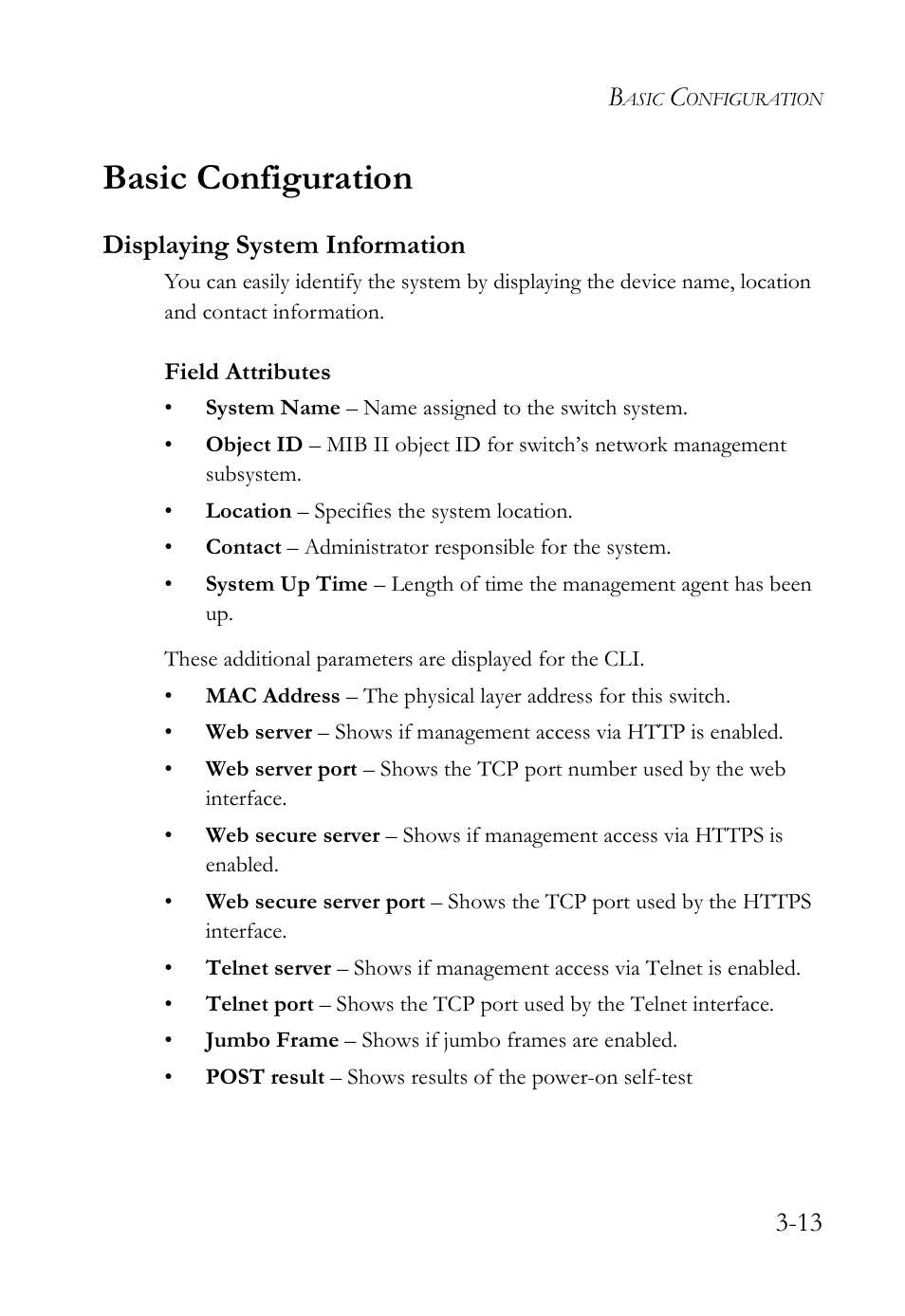 Basic configuration, Displaying system information, Basic configuration -13 | Displaying system information -13 | SMC Networks SMC Tiger 10/100 SMC6128L2 User Manual | Page 67 / 606