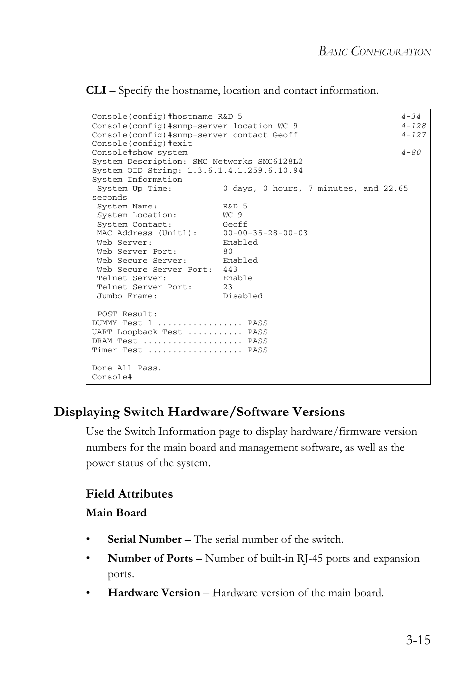 Displaying switch hardware/software versions, Displaying switch hardware/software versions -15, Field attributes | SMC Networks SMC Tiger 10/100 SMC6128L2 User Manual | Page 69 / 606