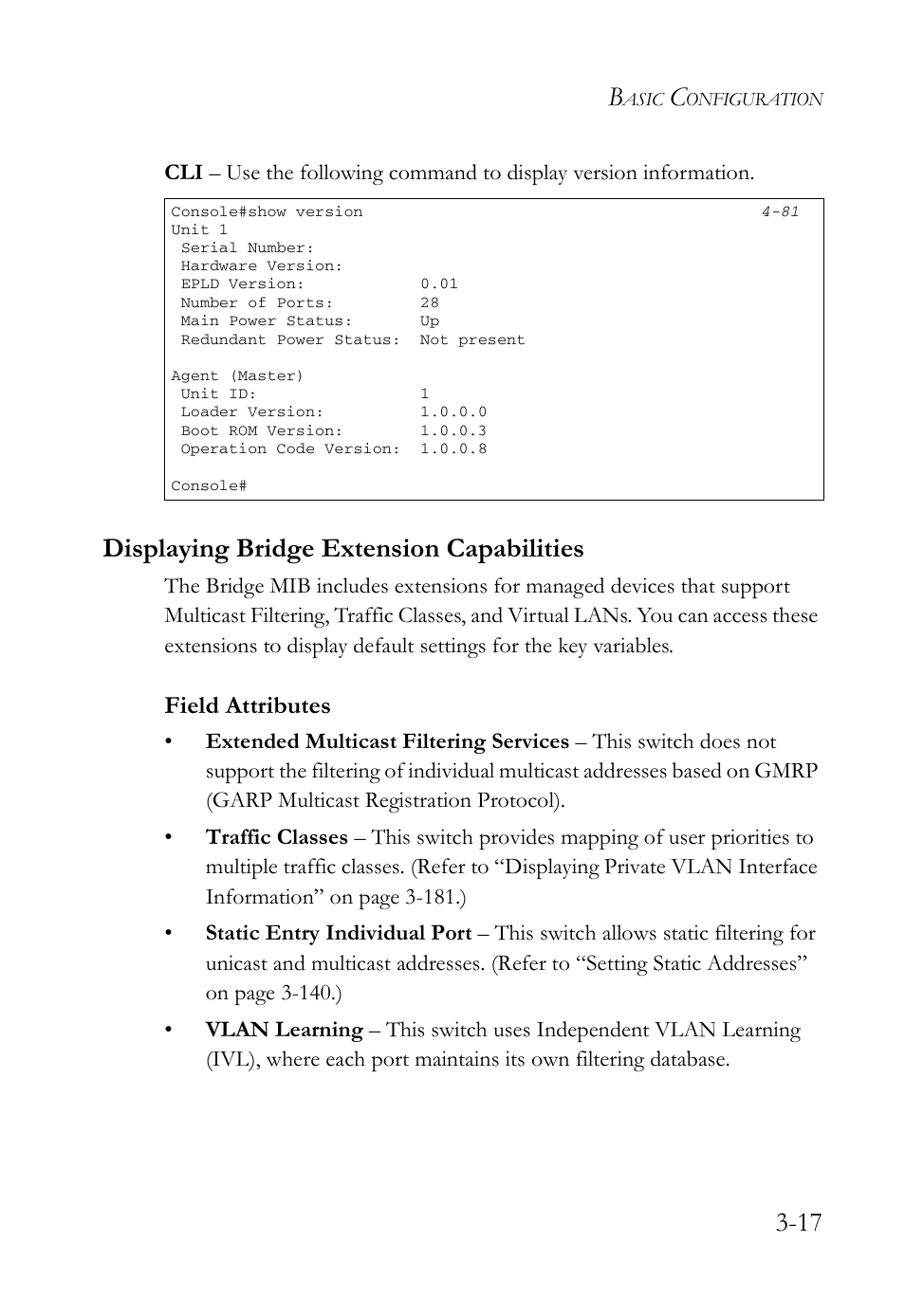 Displaying bridge extension capabilities, Displaying bridge extension capabilities -17, Field attributes | SMC Networks SMC Tiger 10/100 SMC6128L2 User Manual | Page 71 / 606